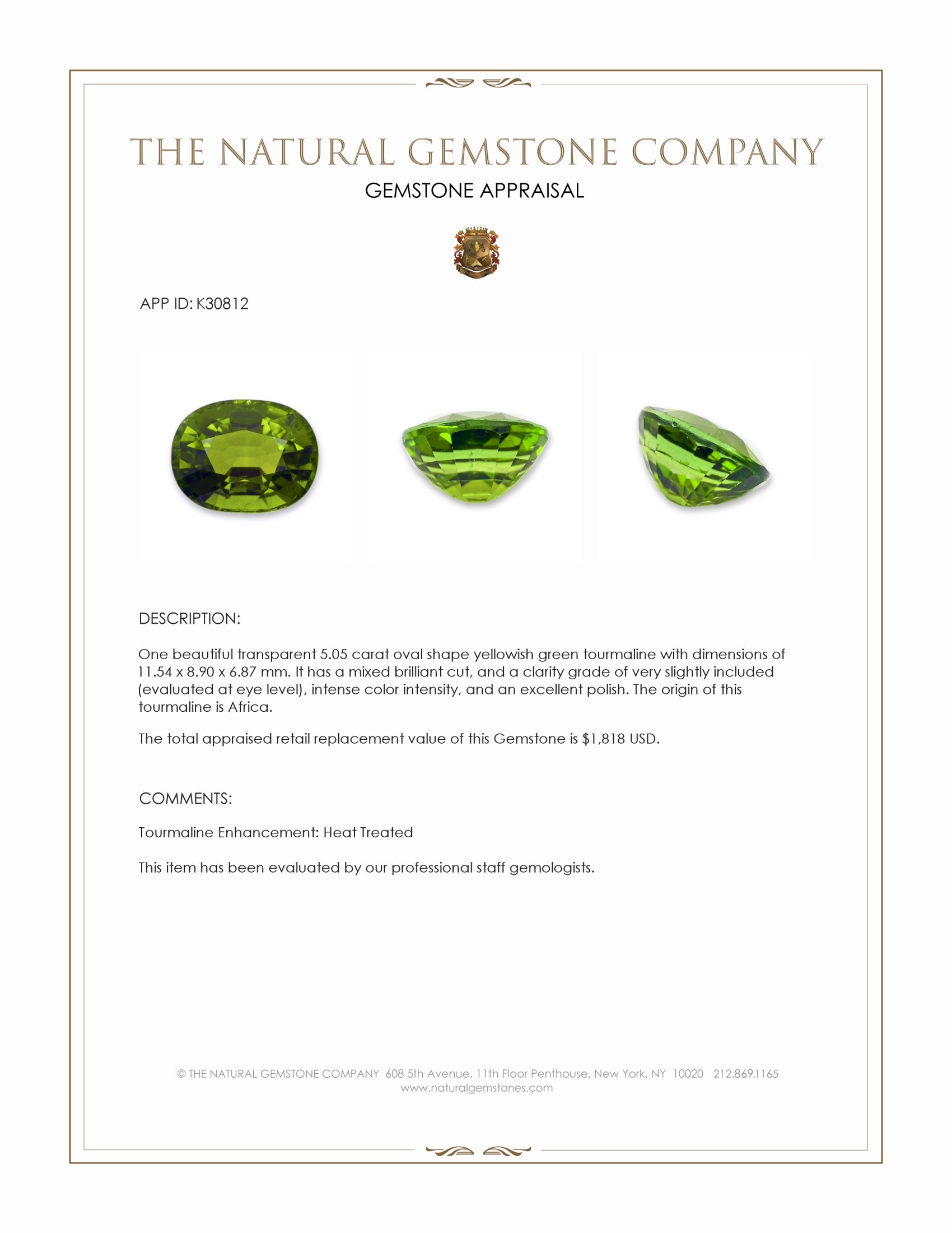 5.05 Ct. Yellowish Green Tourmaline from Africa