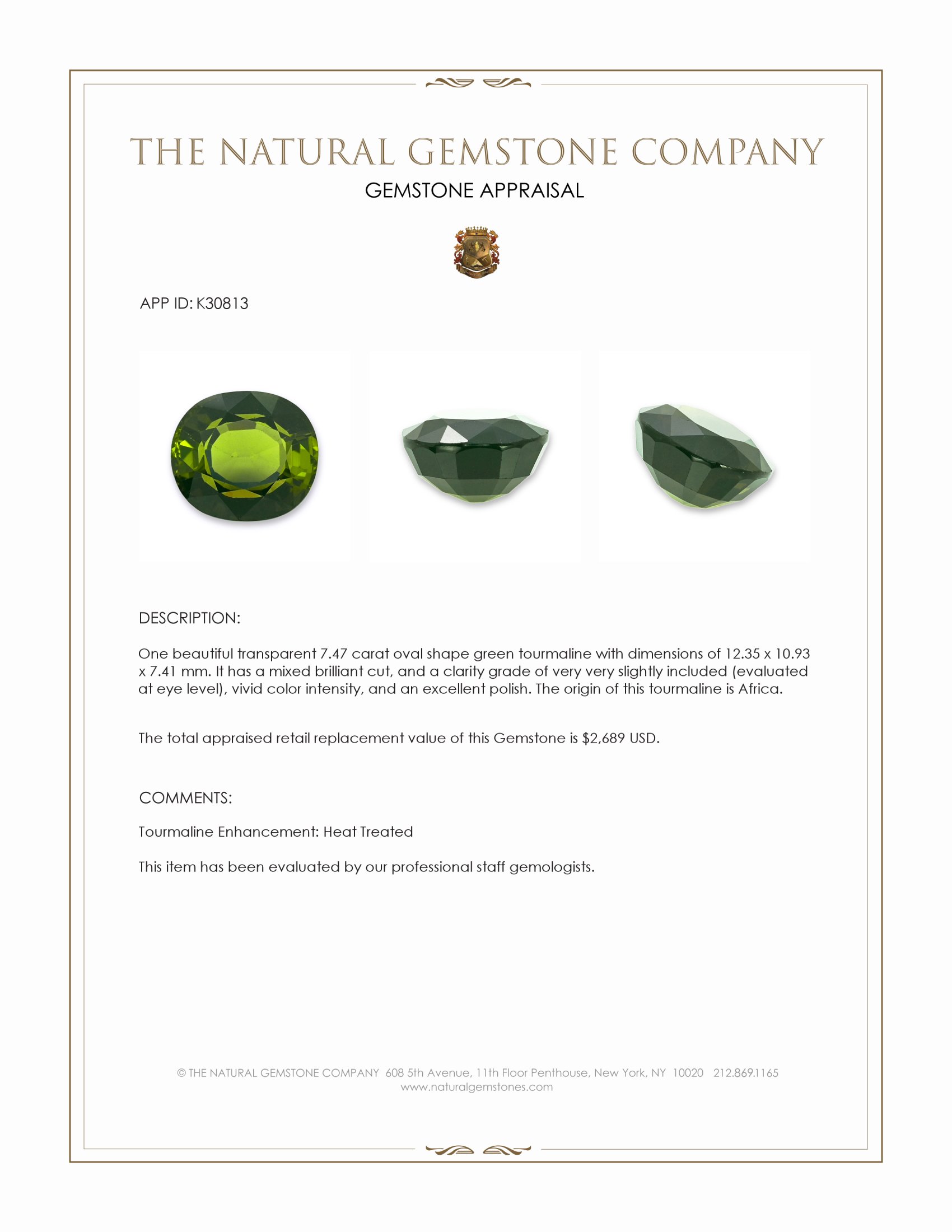 7.47 Ct. Green Tourmaline from Africa