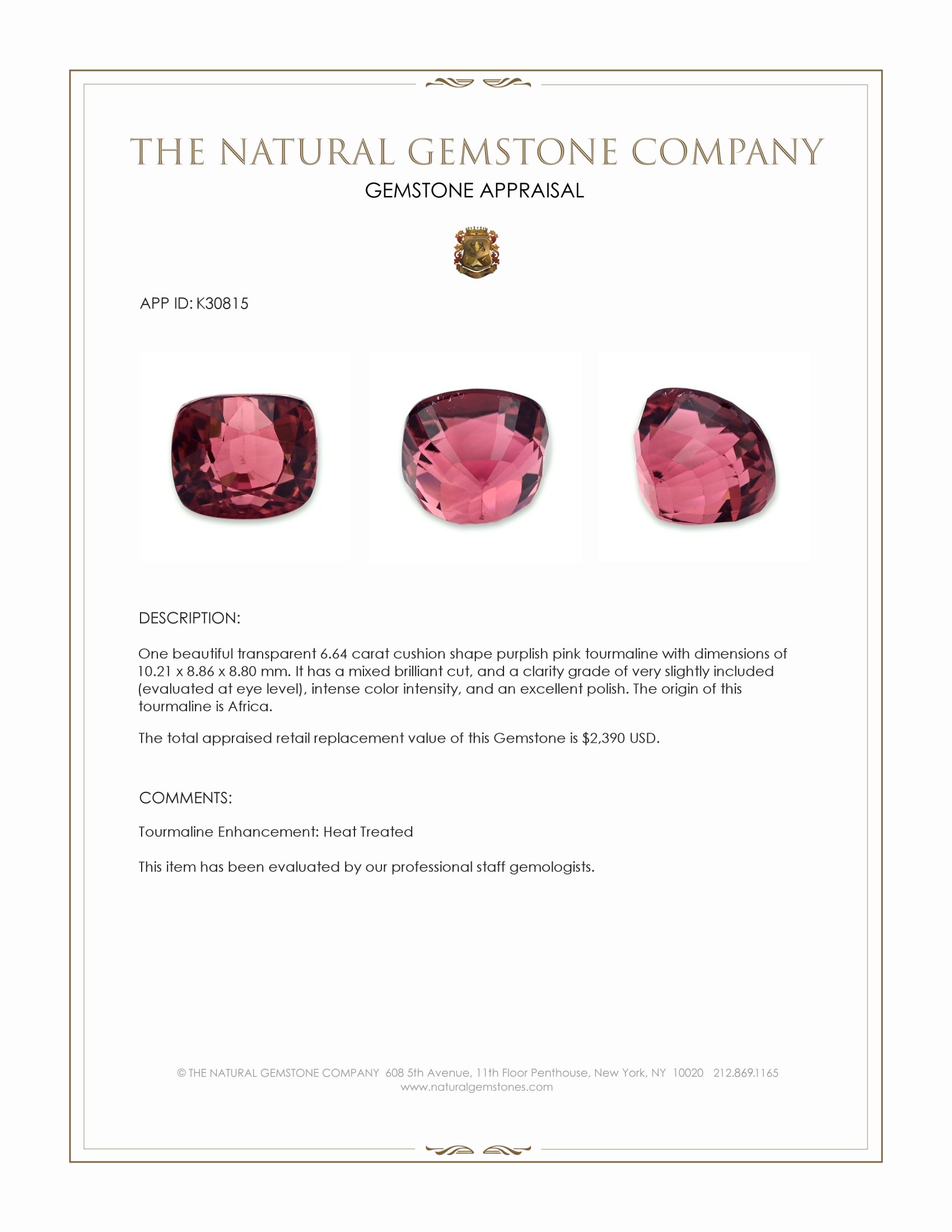 6.64 Ct. Purplish Pink Tourmaline from Africa