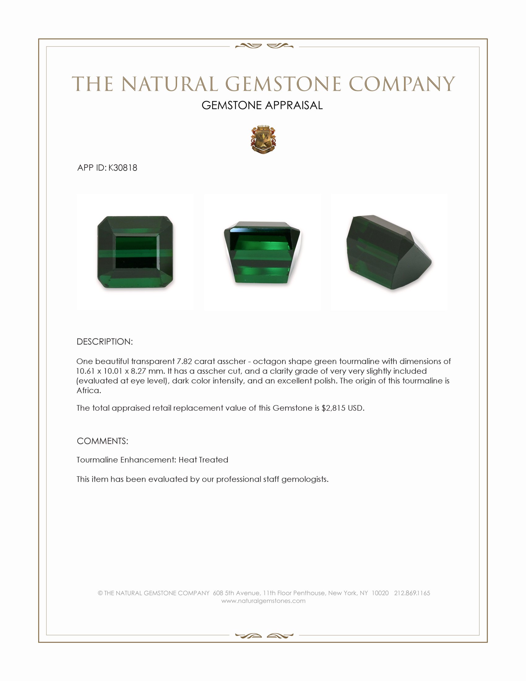 7.82 Ct. Green Tourmaline from Africa