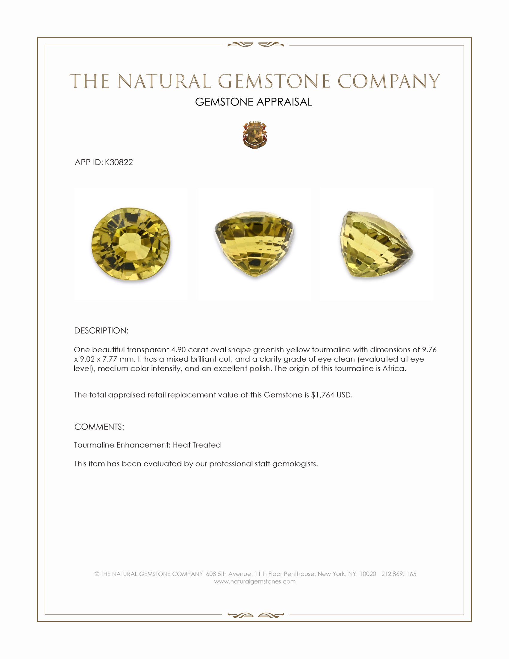 4.90 Ct. Greenish Yellow Tourmaline from Africa