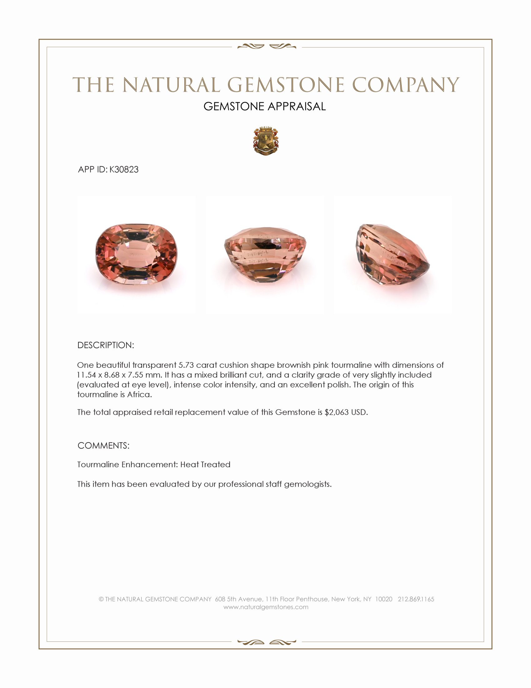 5.73 Ct. Brownish Pink Tourmaline from Africa