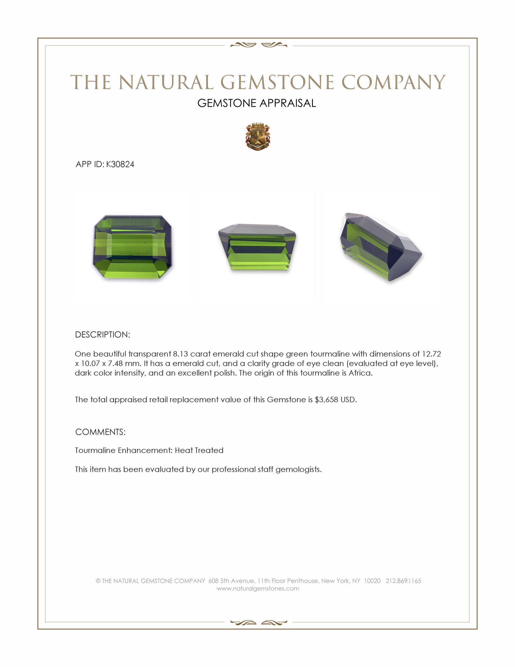 8.13 Ct. Green Tourmaline from Africa