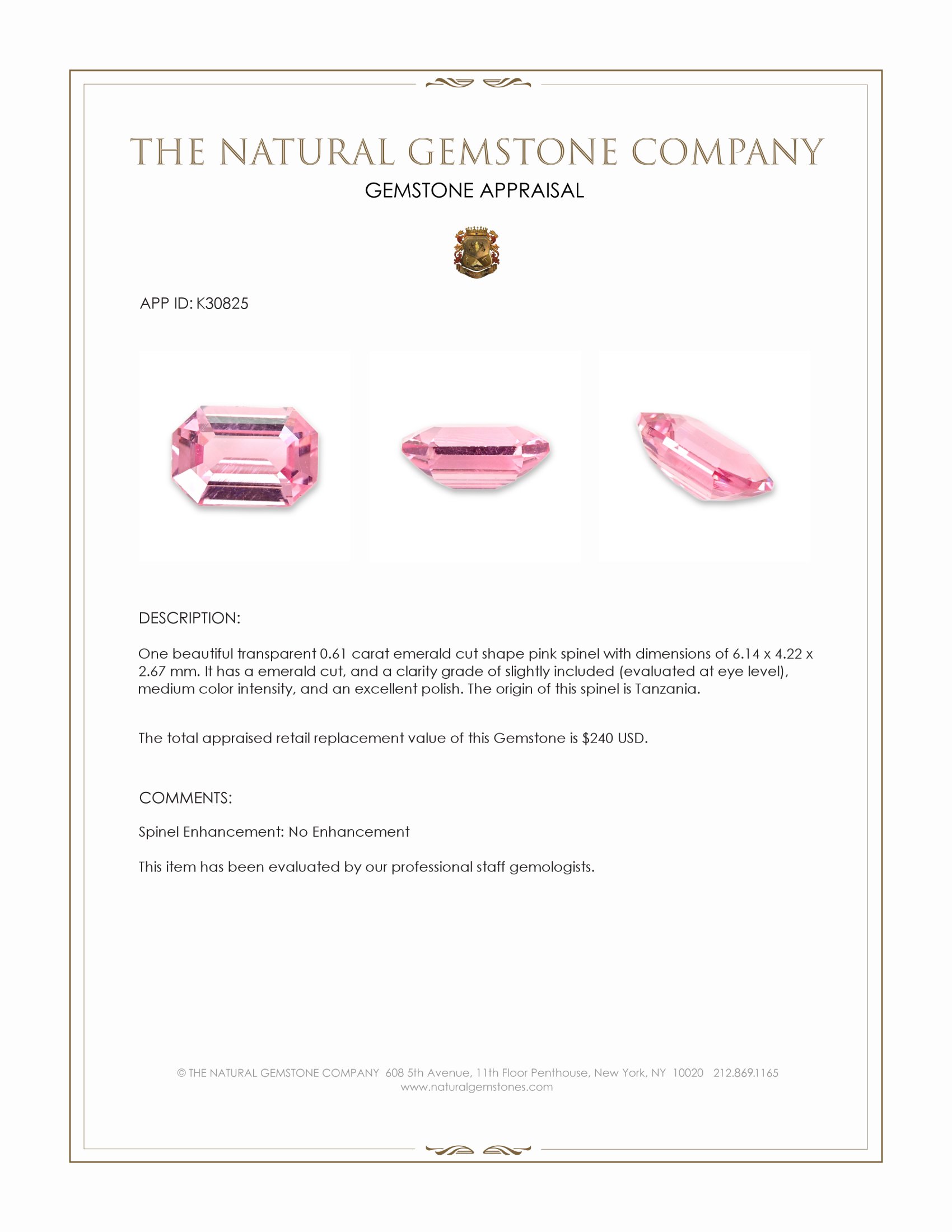 0.61 Ct. Pink Spinel from Tanzania