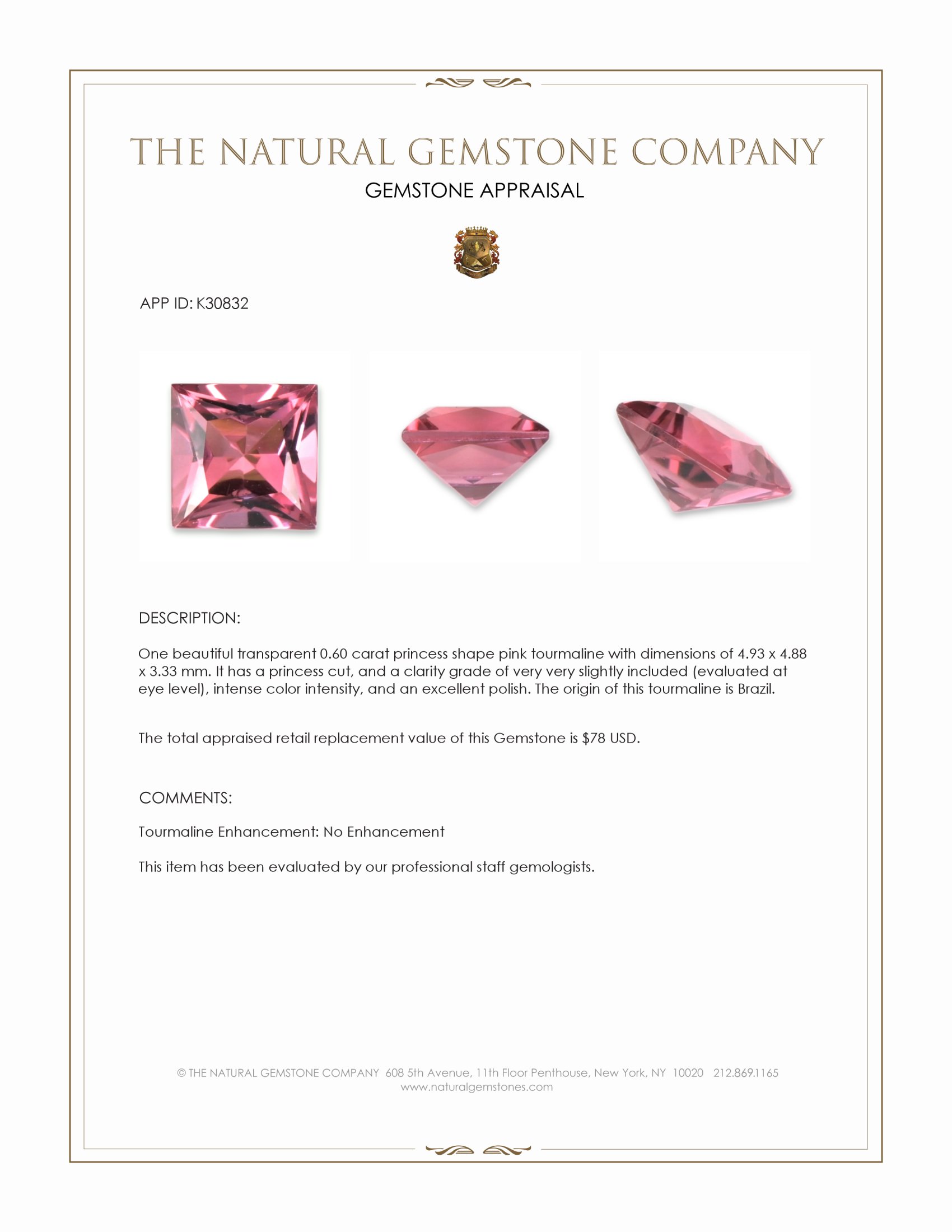 0.60 Ct. Pink Tourmaline from Brazil