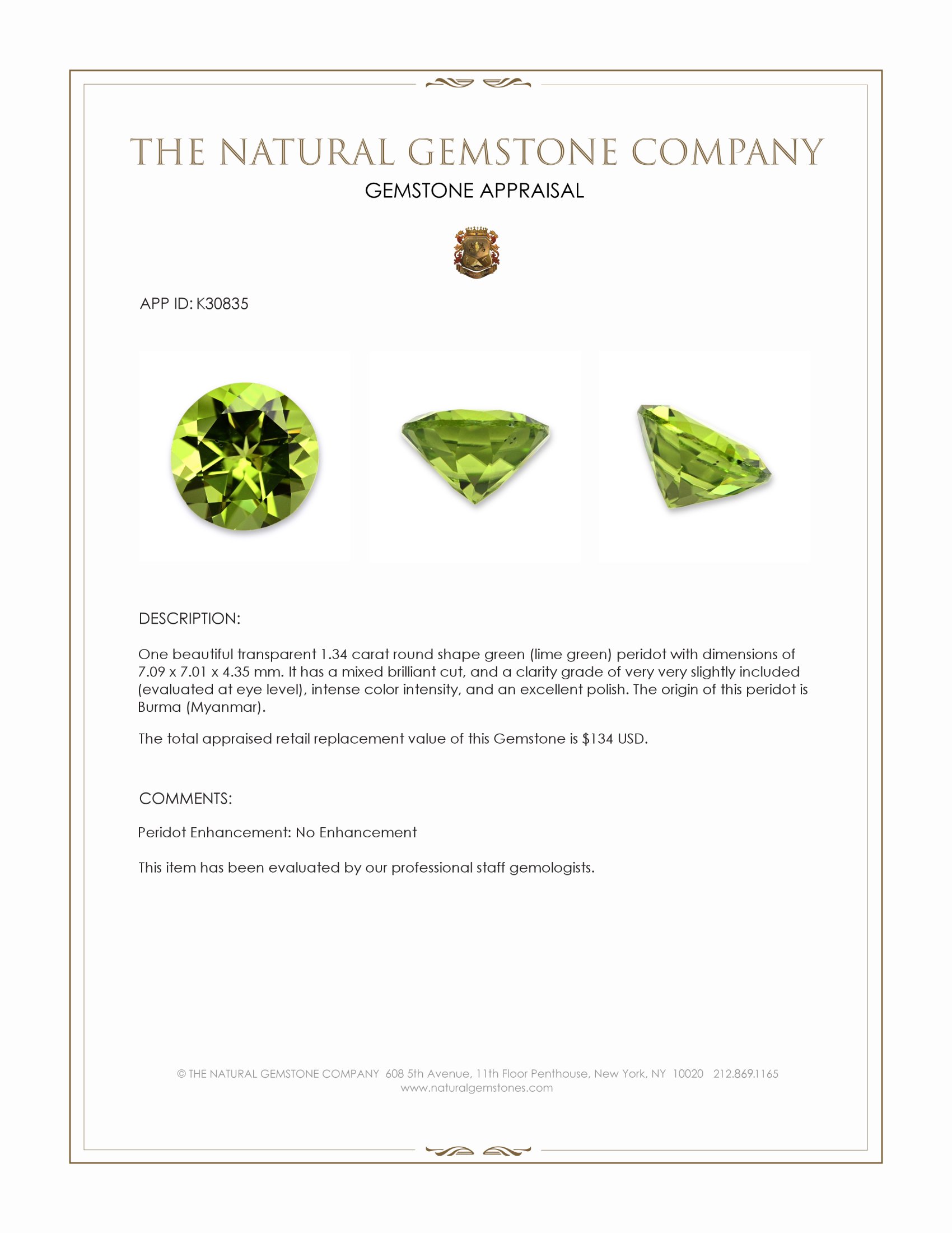 1.34 Ct. Green (Lime Green) Peridot from Burma (Myanmar)