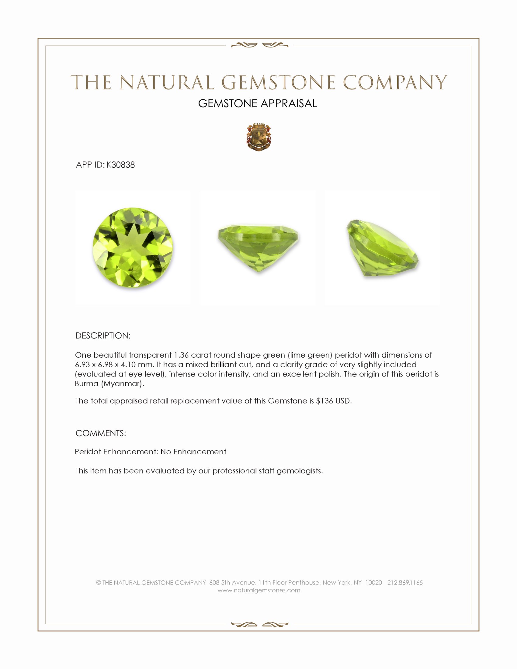 1.36 Ct. Green (Lime Green) Peridot from Burma (Myanmar)