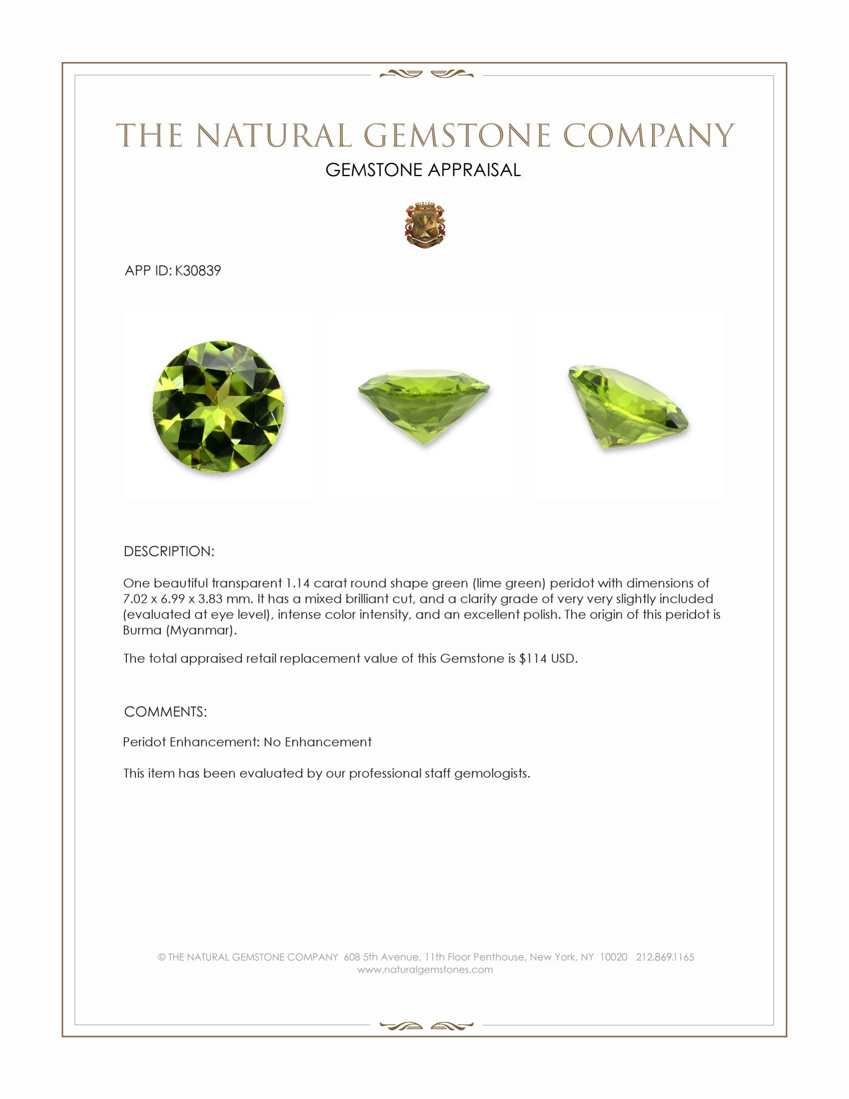 1.14 Ct. Green (Lime Green) Peridot from Burma (Myanmar)