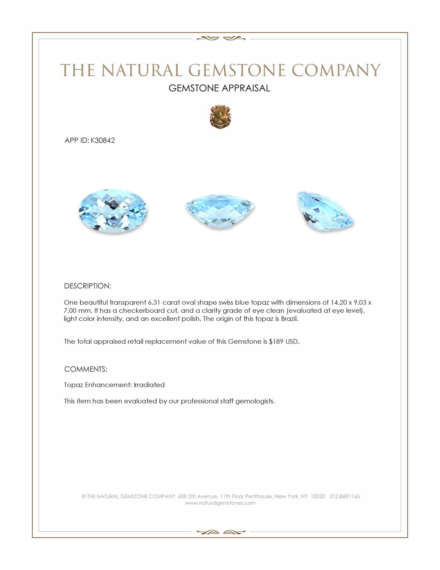 6.31 Ct. Swiss Blue Topaz from Brazil