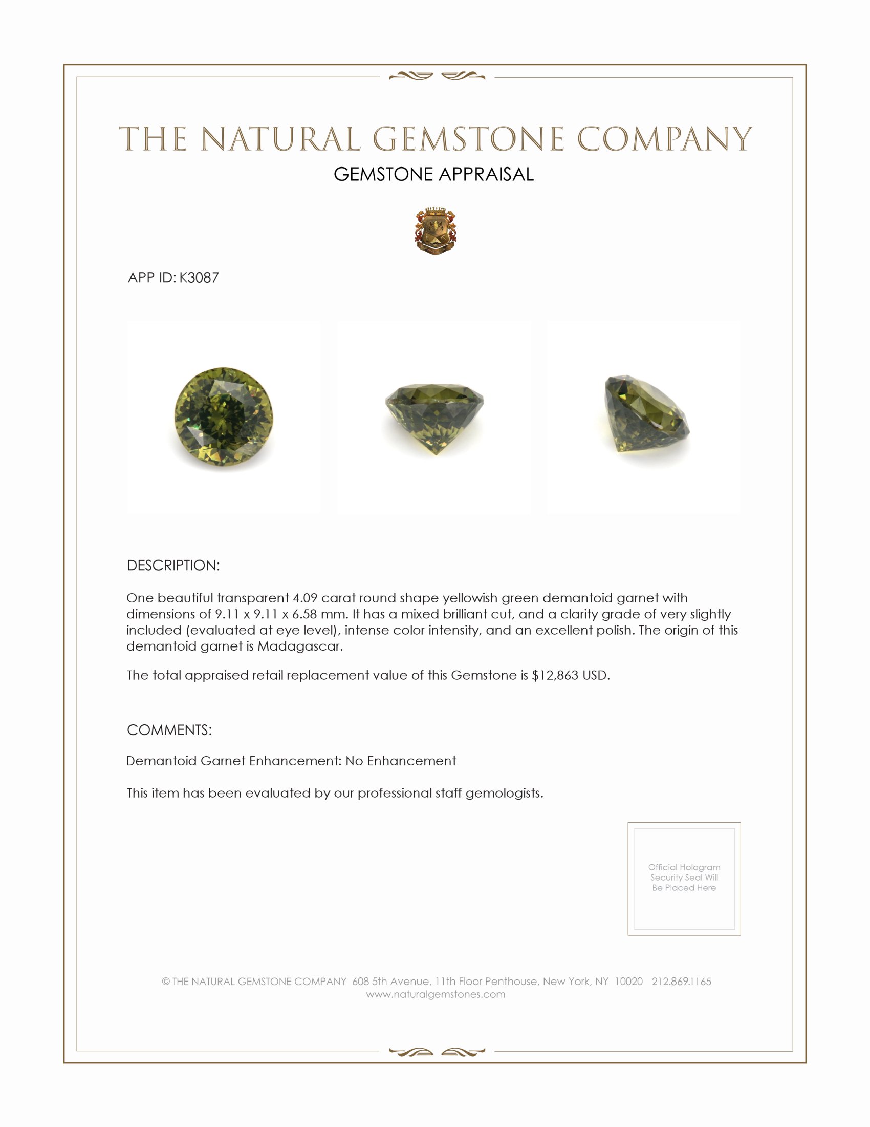 4.09 Ct. Demantoid Garnet from Madagascar