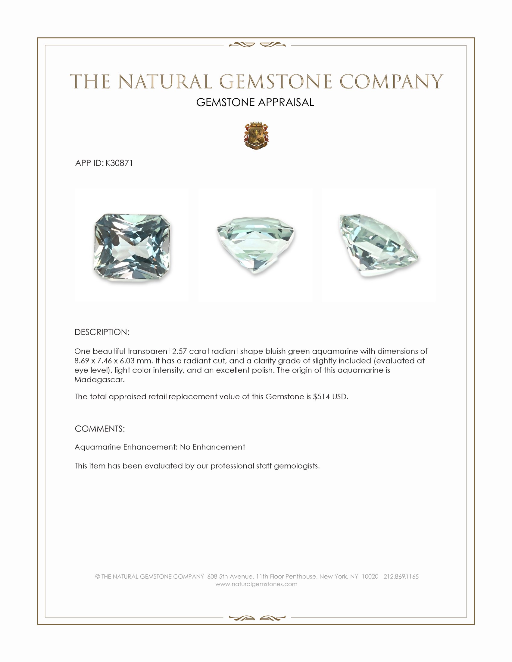 2.57 Ct. Greenish Blue Aquamarine from Madagascar