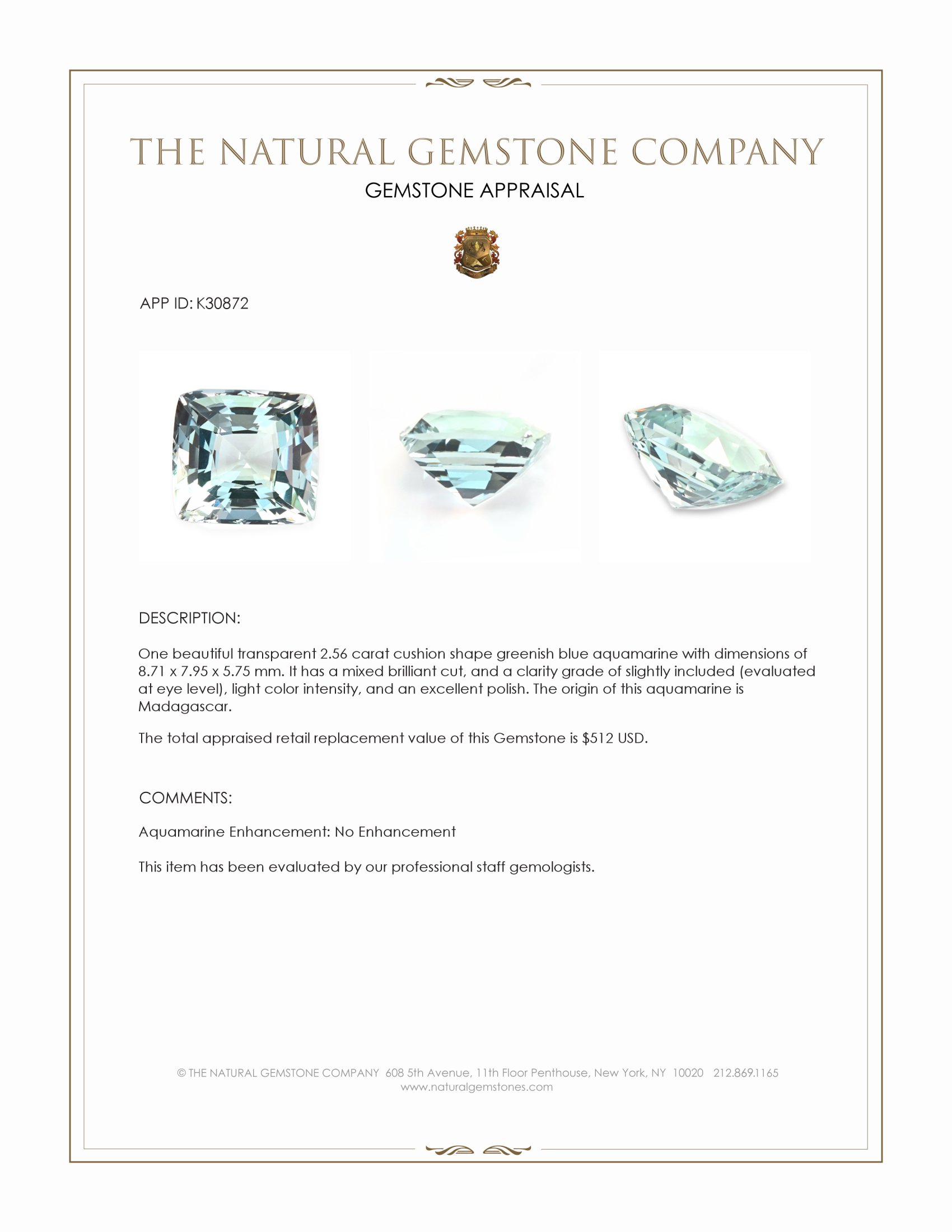2.56 Ct. Greenish Blue Aquamarine from Madagascar