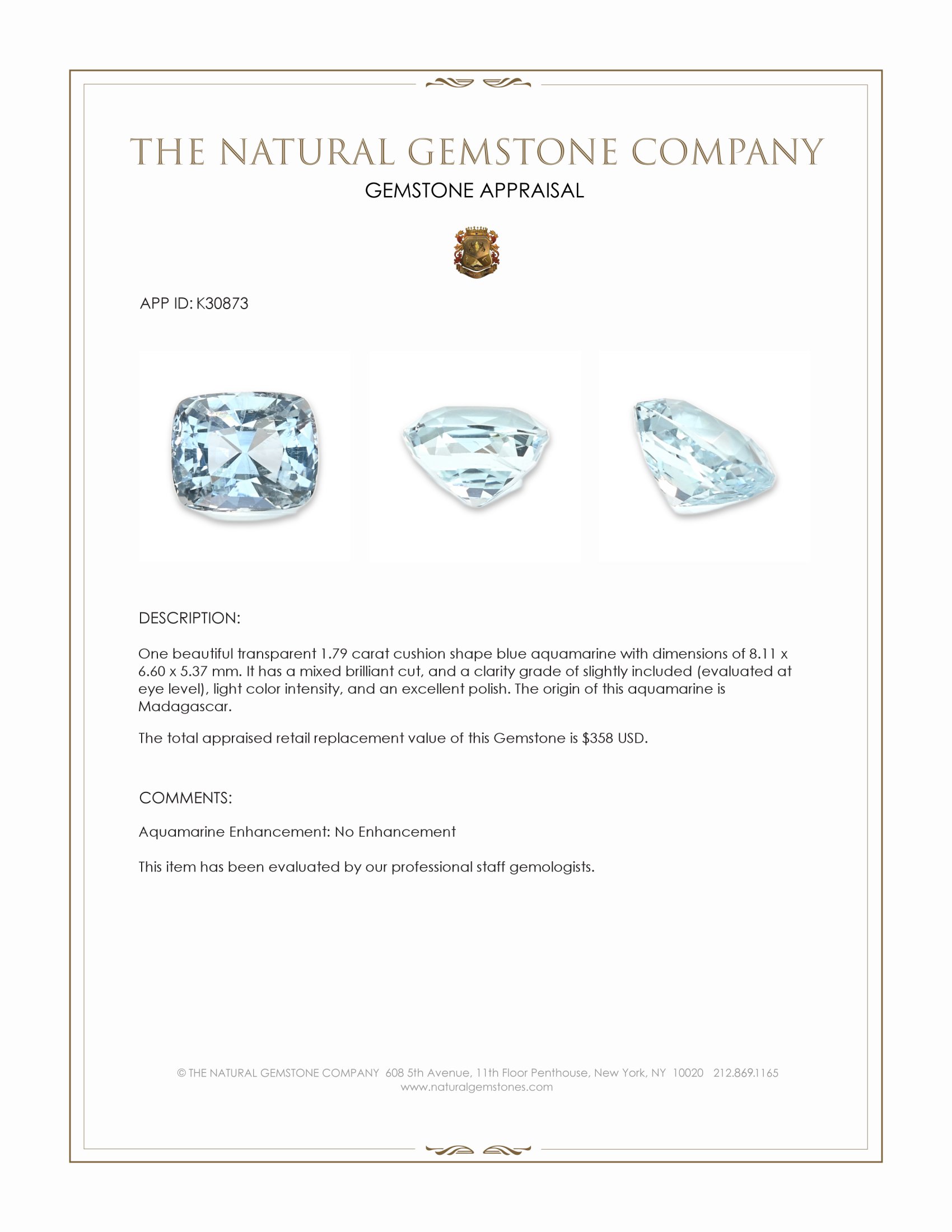 1.79 Ct. Blue Aquamarine from Madagascar