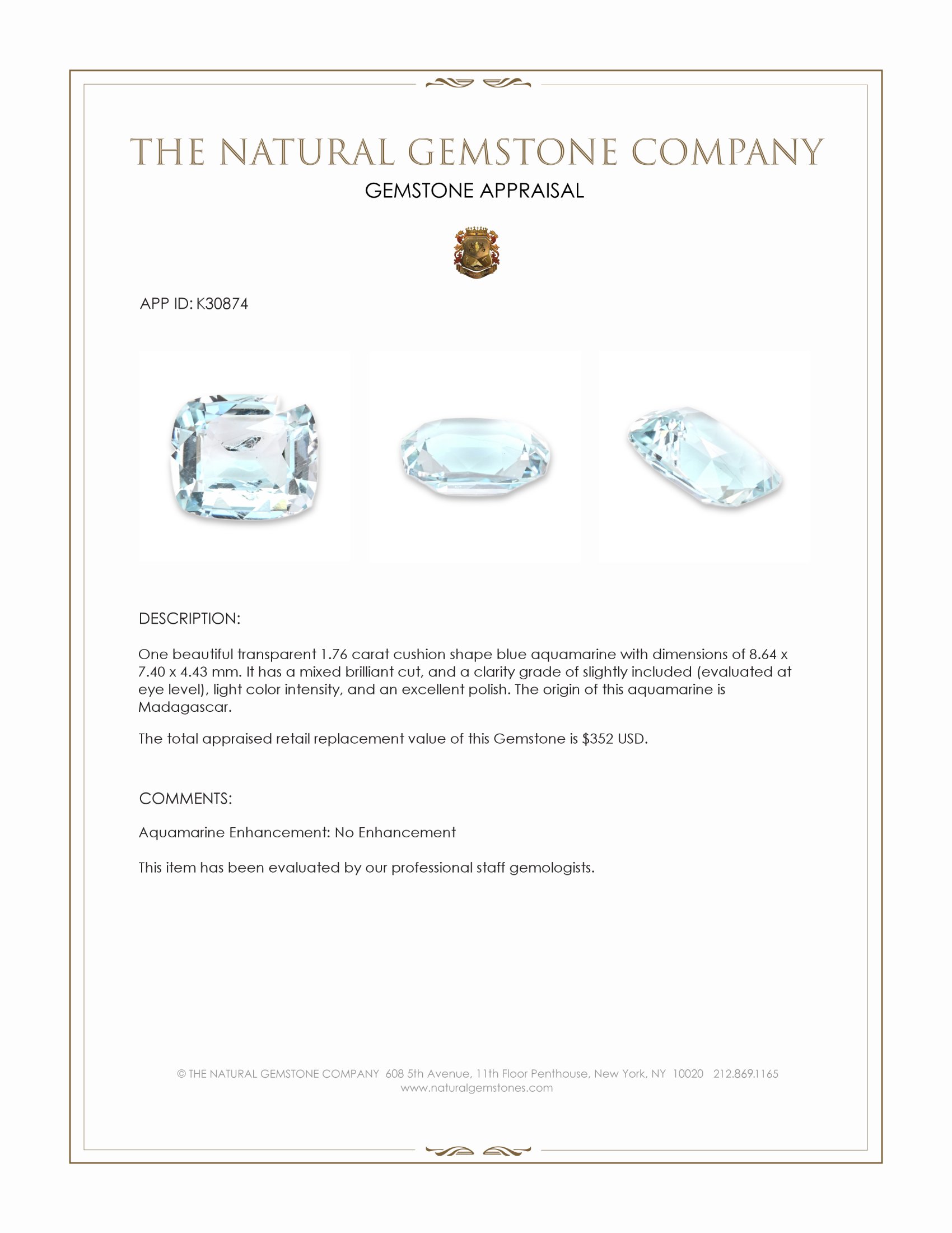 1.76 Ct. Blue Aquamarine from Madagascar