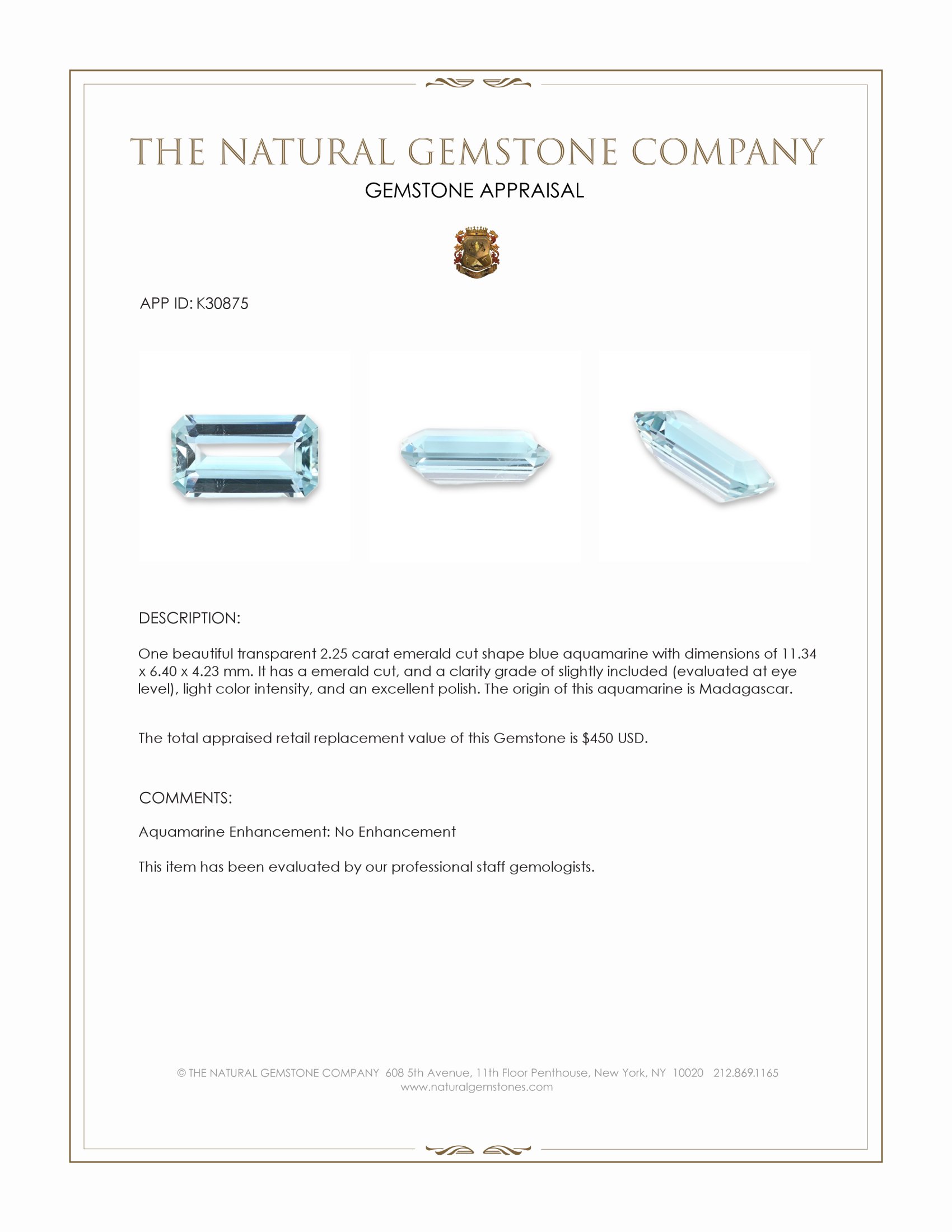 2.25 Ct. Blue Aquamarine from Madagascar