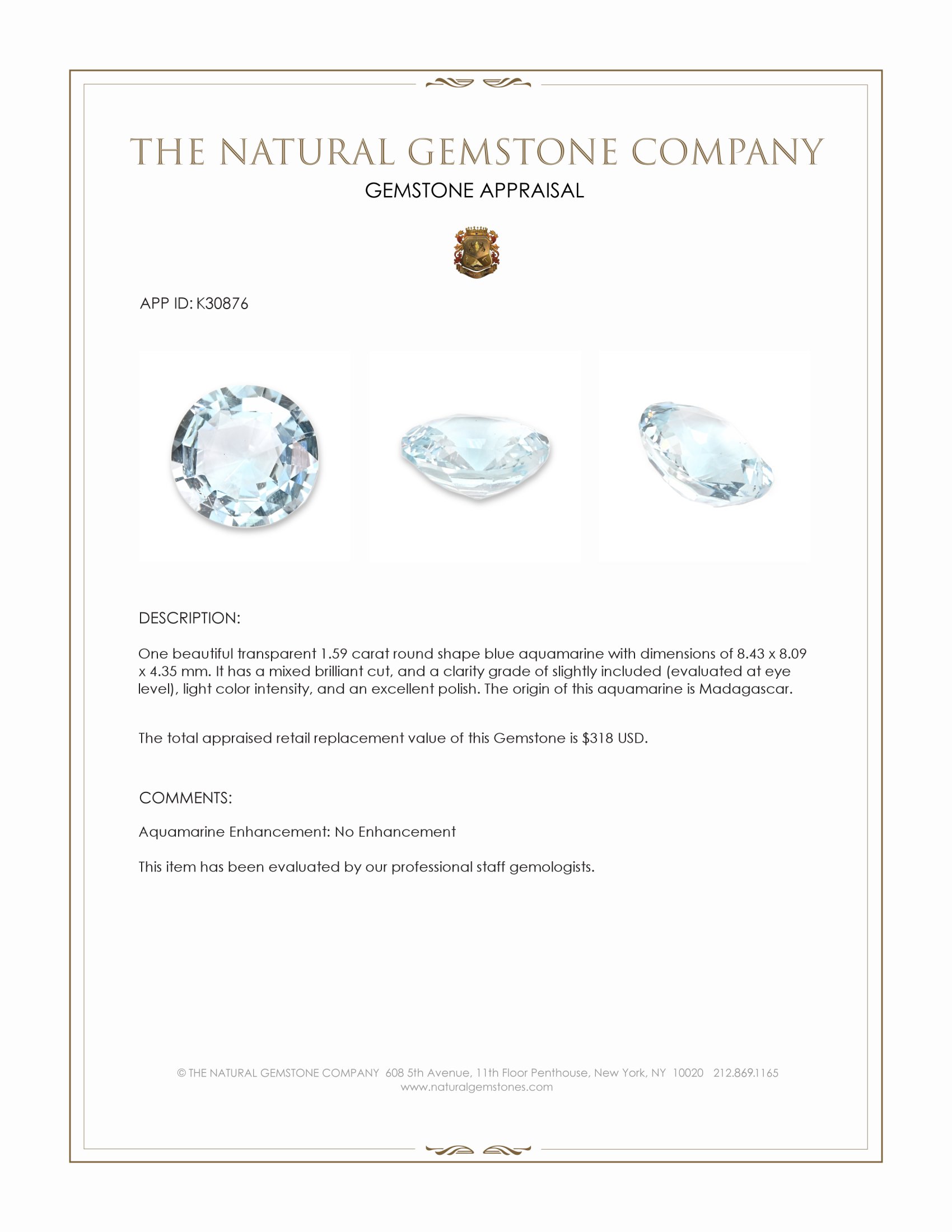 1.59 Ct. Blue Aquamarine from Madagascar