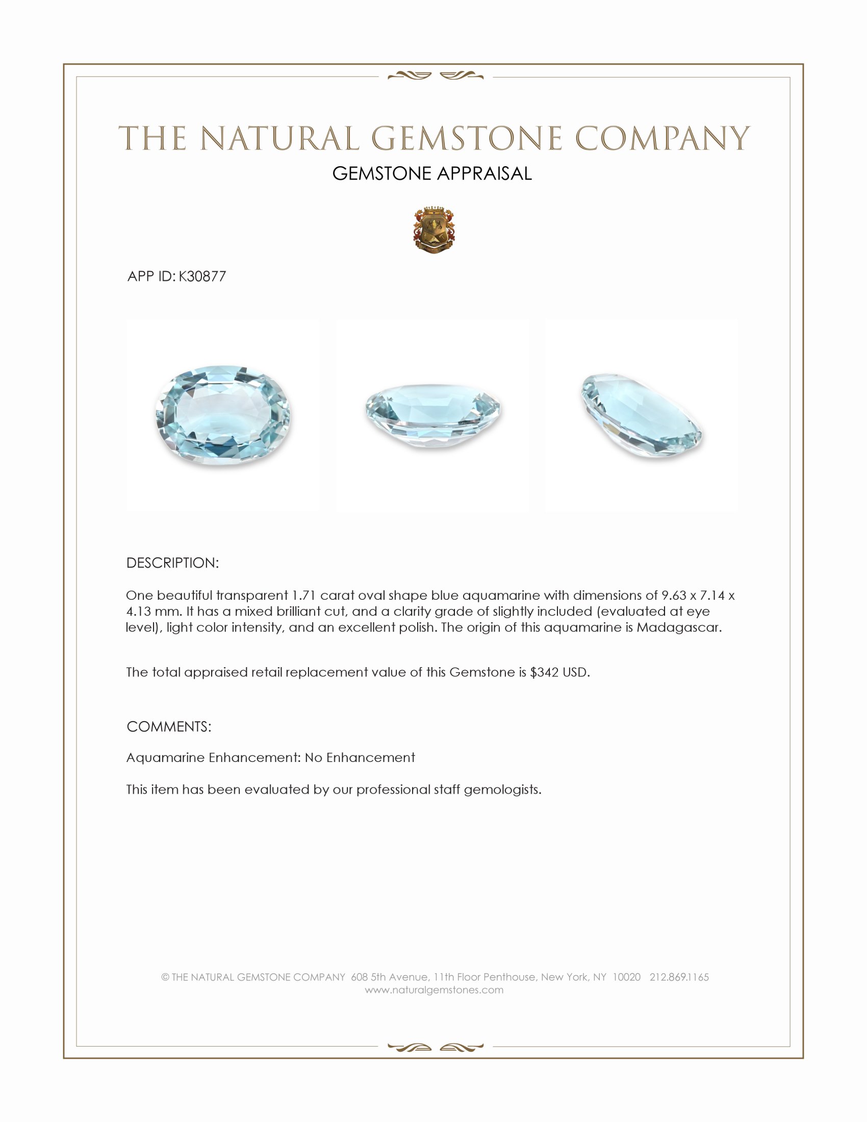 1.71 Ct. Blue Aquamarine from Madagascar