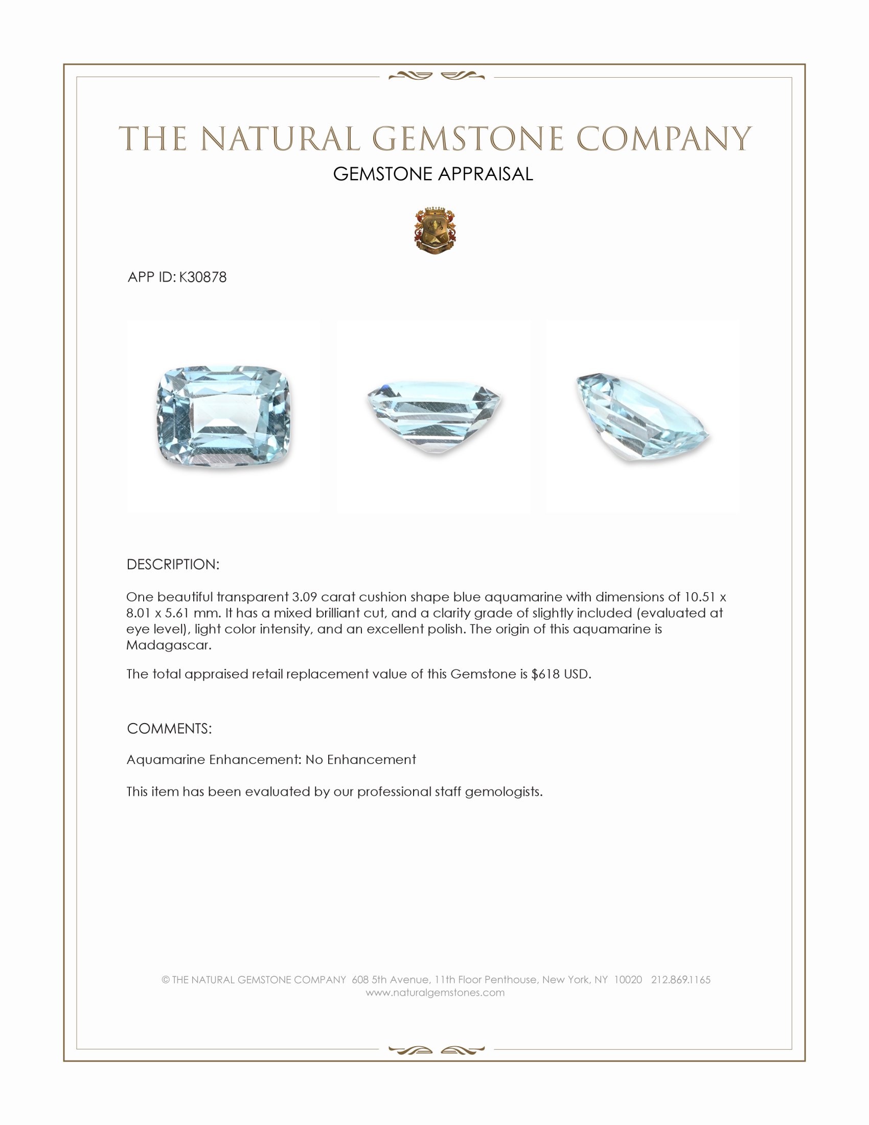 3.09 Ct. Blue Aquamarine from Madagascar