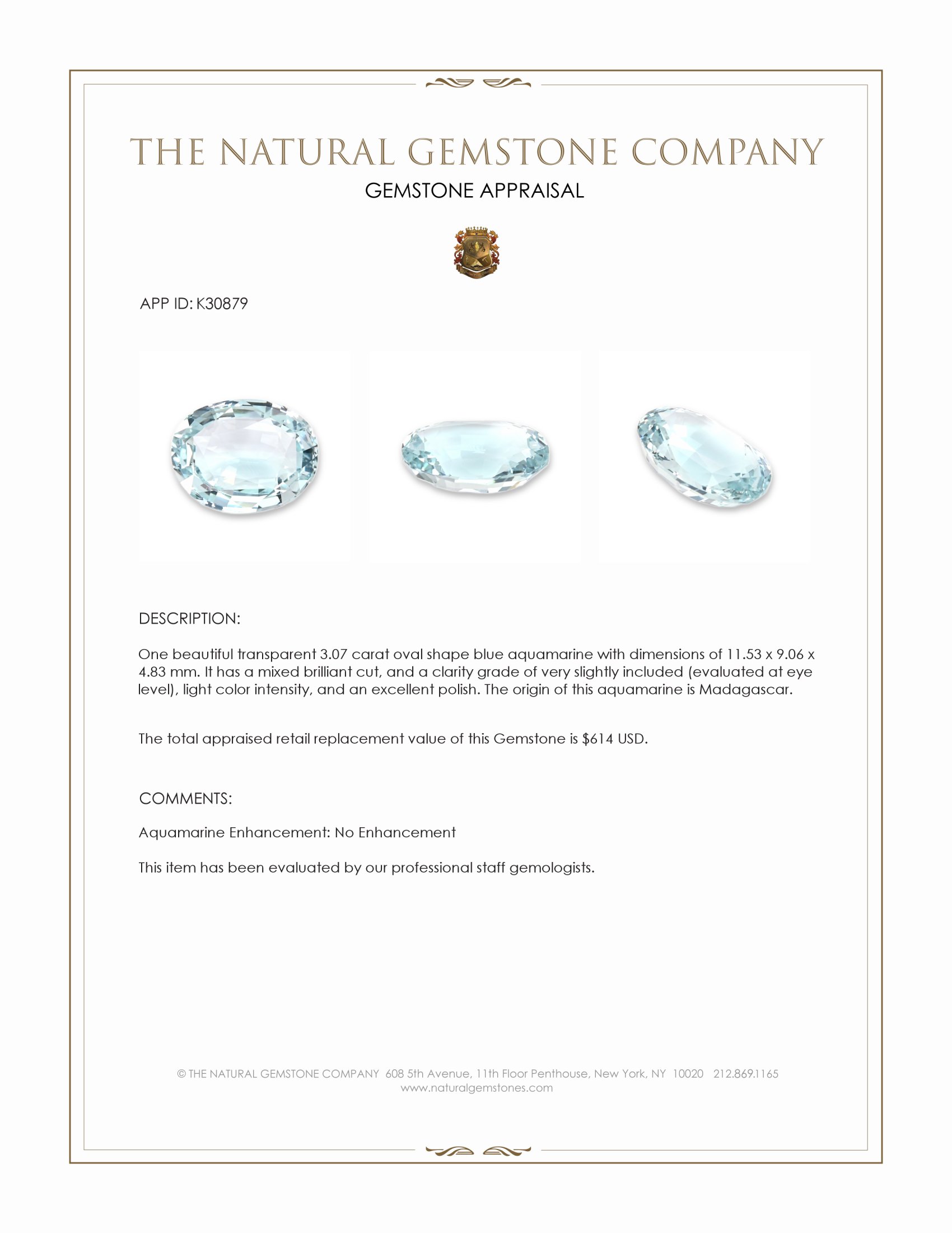3.07 Ct. Blue Aquamarine from Madagascar