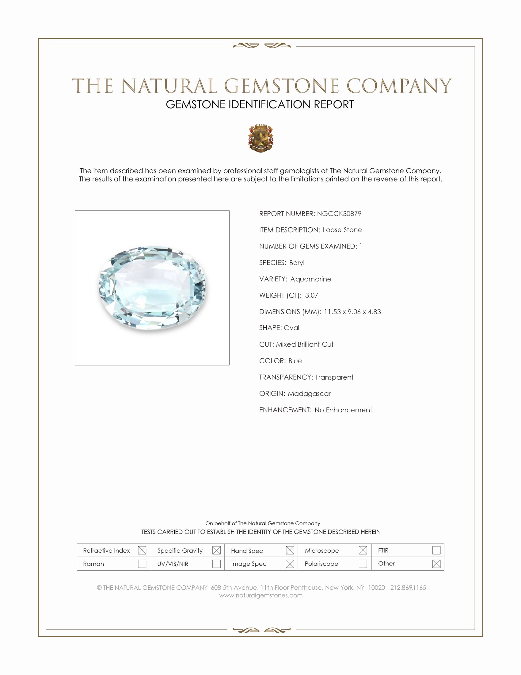 3.07 Ct. Blue Aquamarine from Madagascar