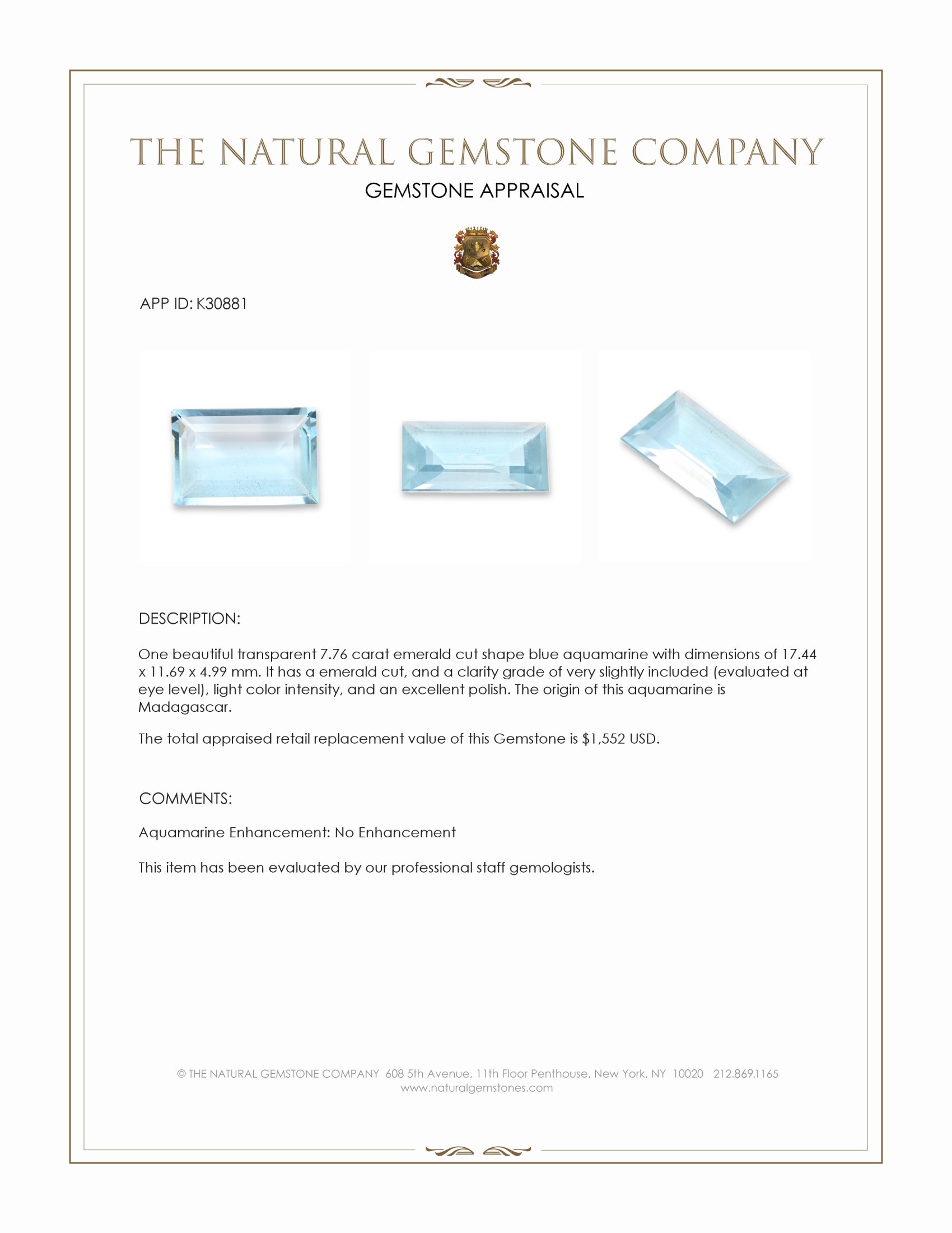 7.76 Ct. Blue Aquamarine from Madagascar