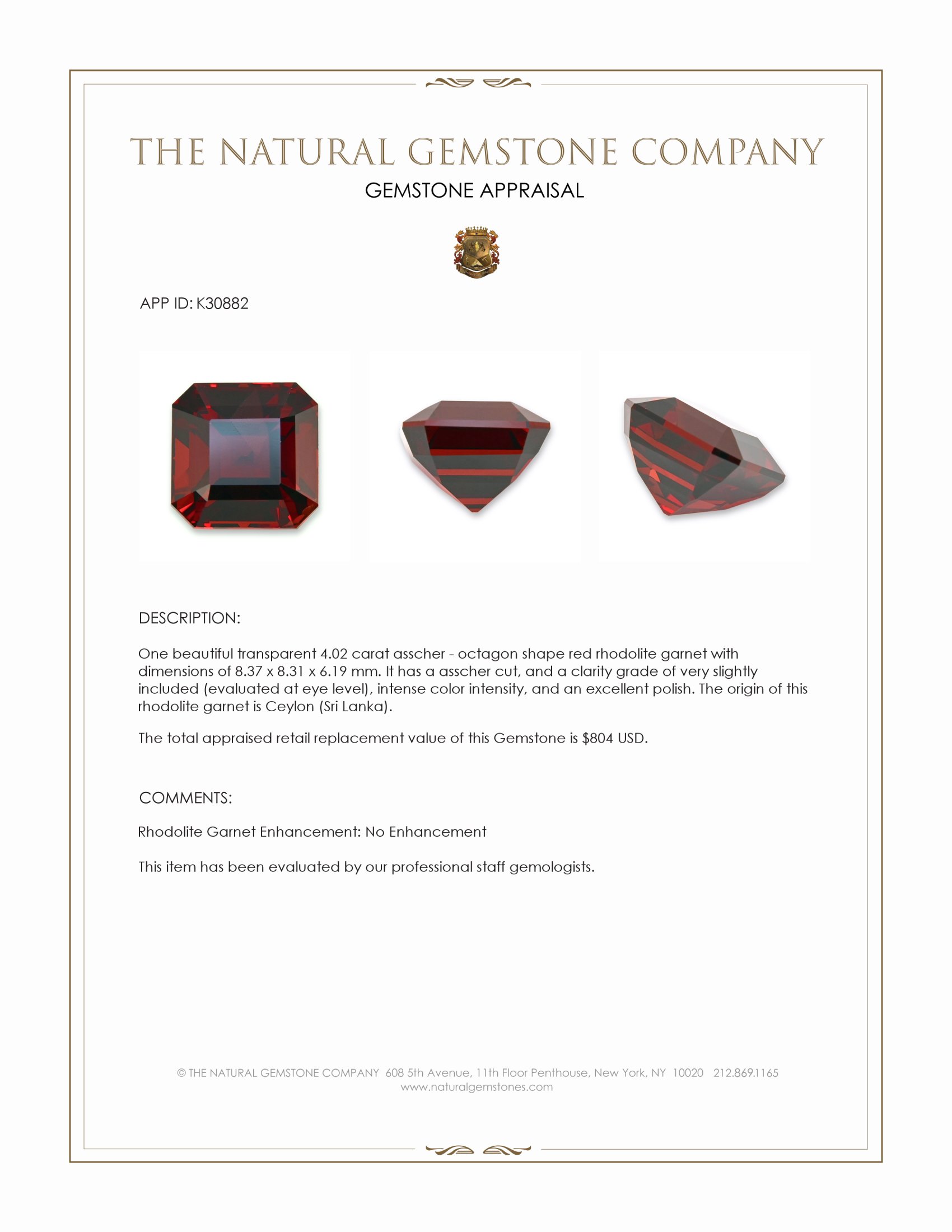 4.02 Ct. Red Rhodolite Garnet from Ceylon (Sri Lanka)