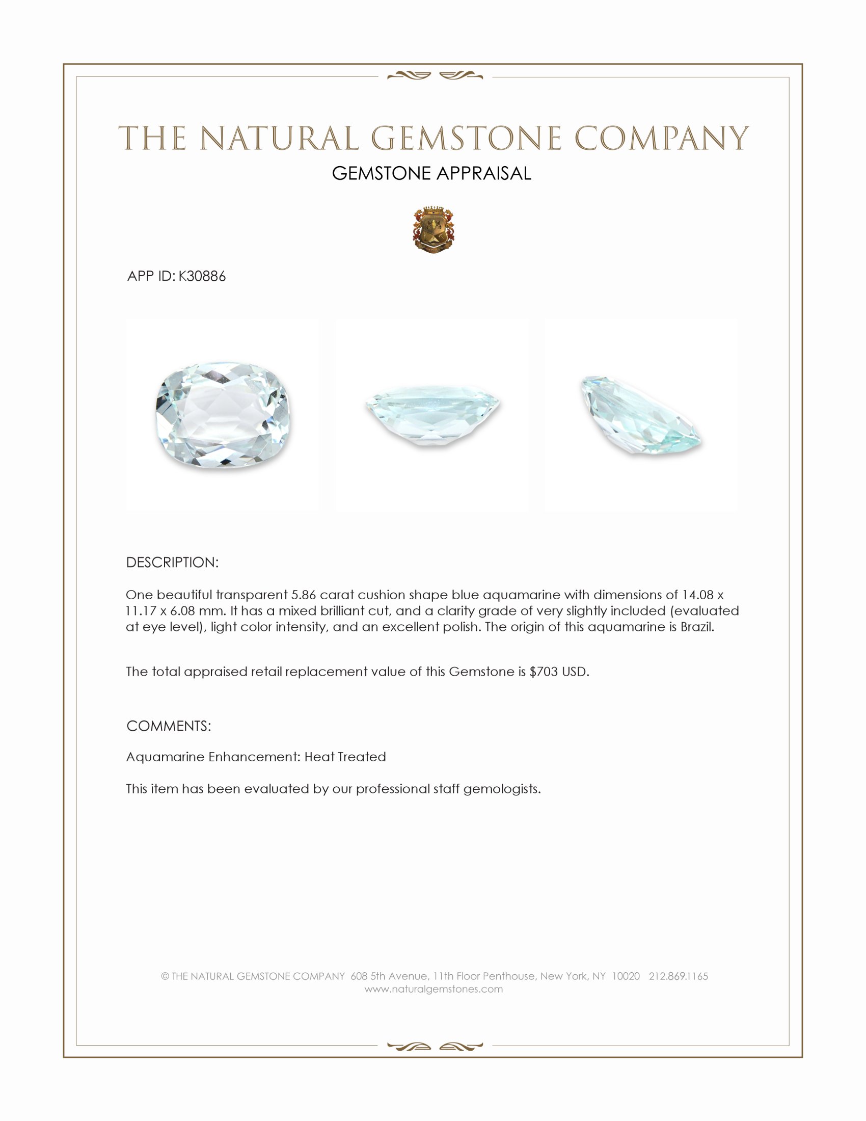5.86 Ct. Blue Aquamarine from Brazil