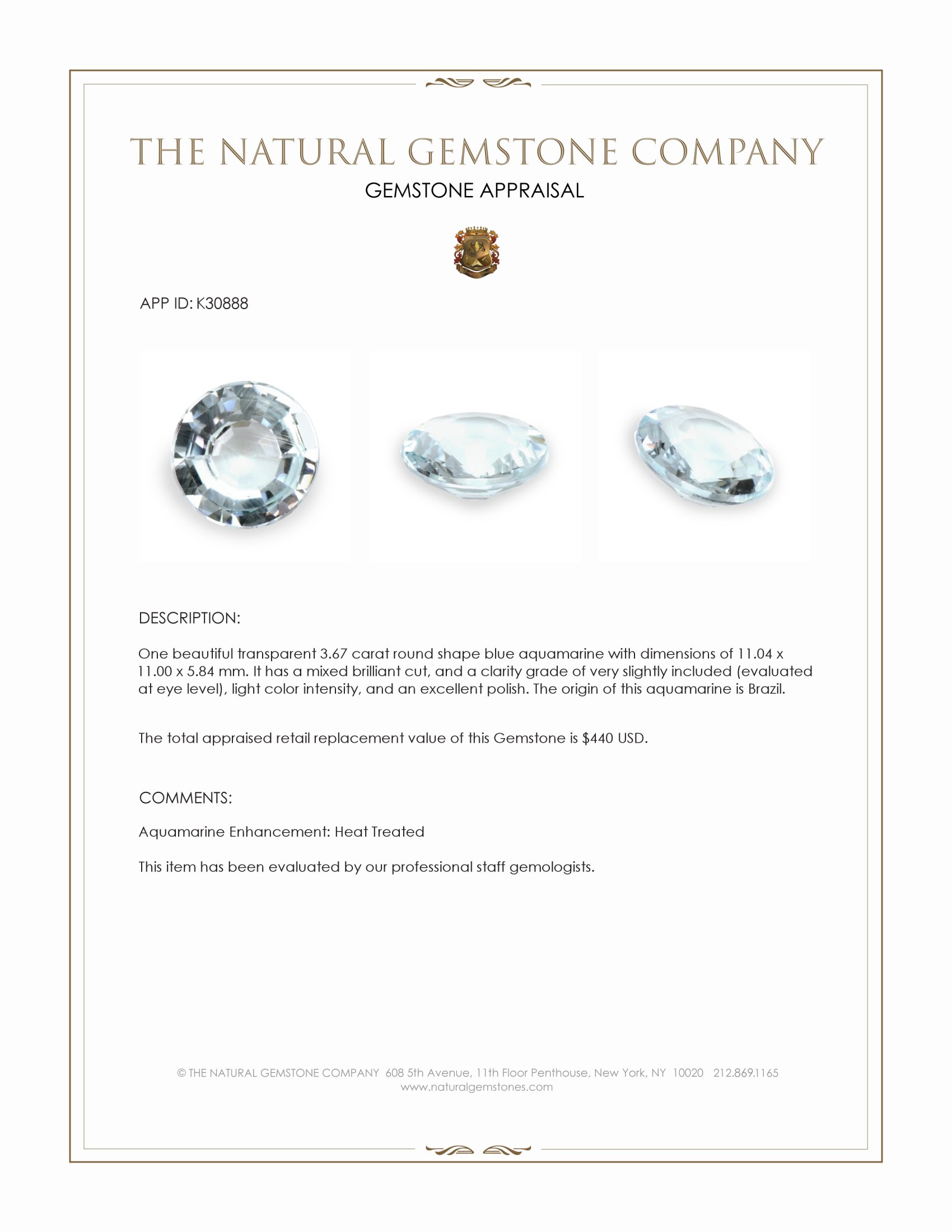 3.67 Ct. Blue Aquamarine from Brazil