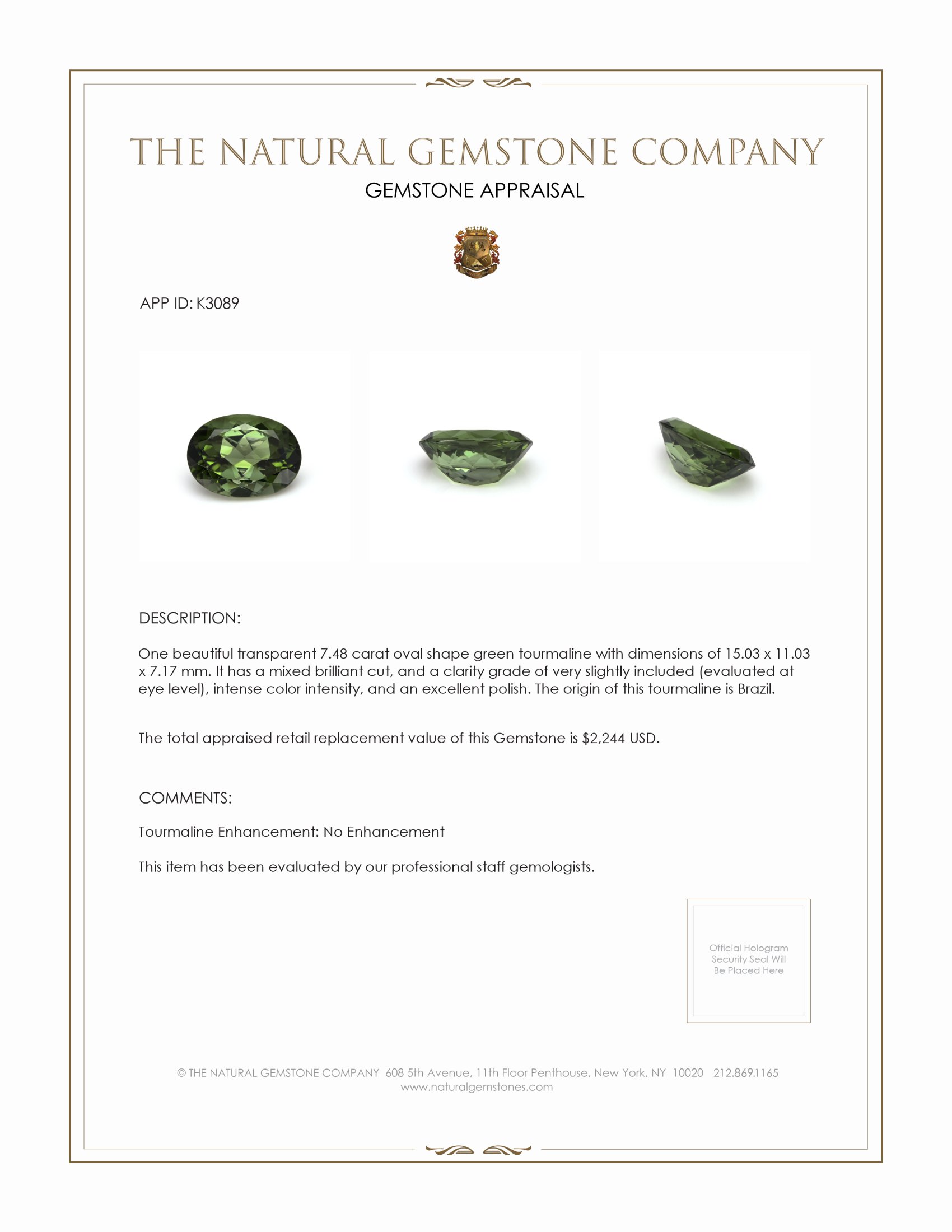 7.48 Ct. Green Tourmaline from Brazil