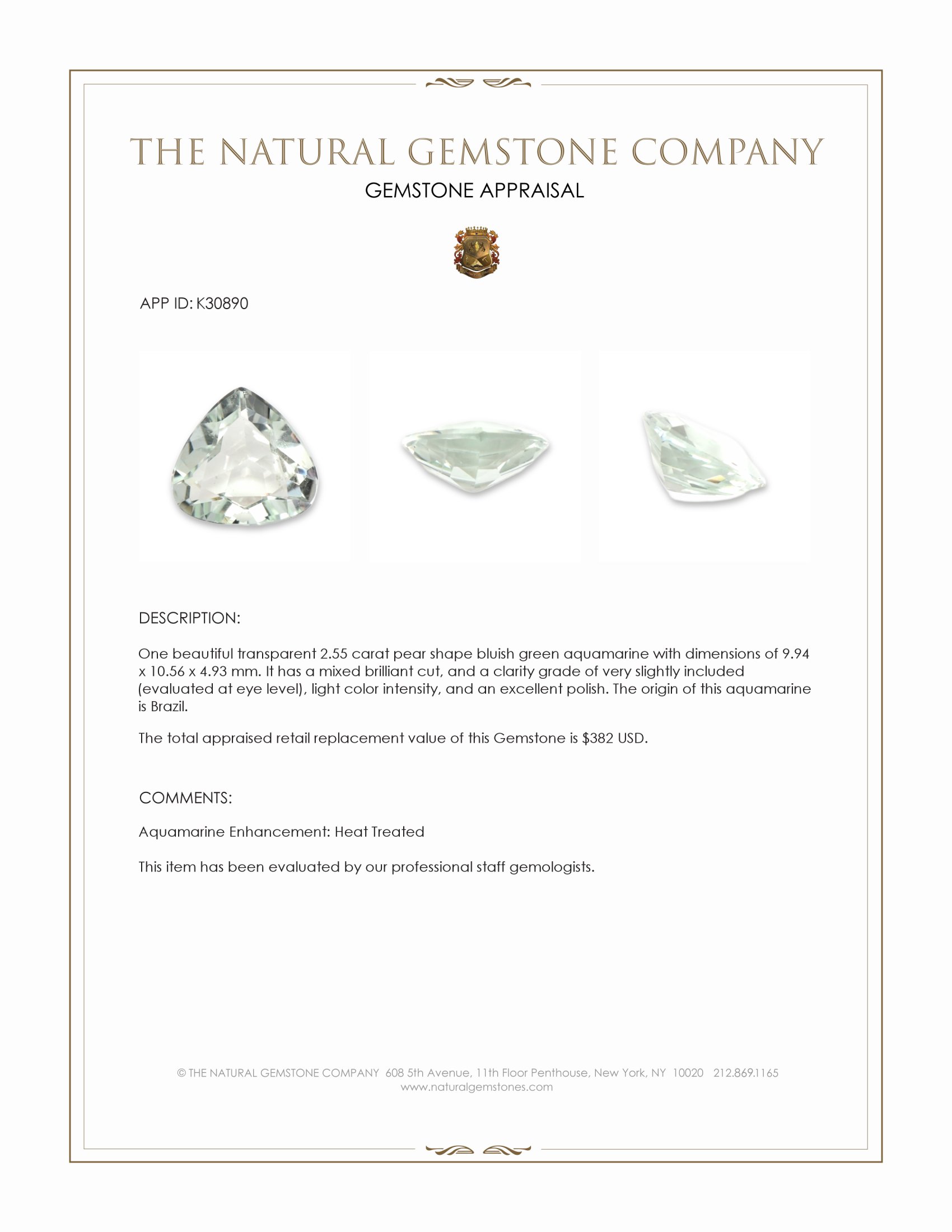 2.55 Ct. Bluish Green Aquamarine from Brazil