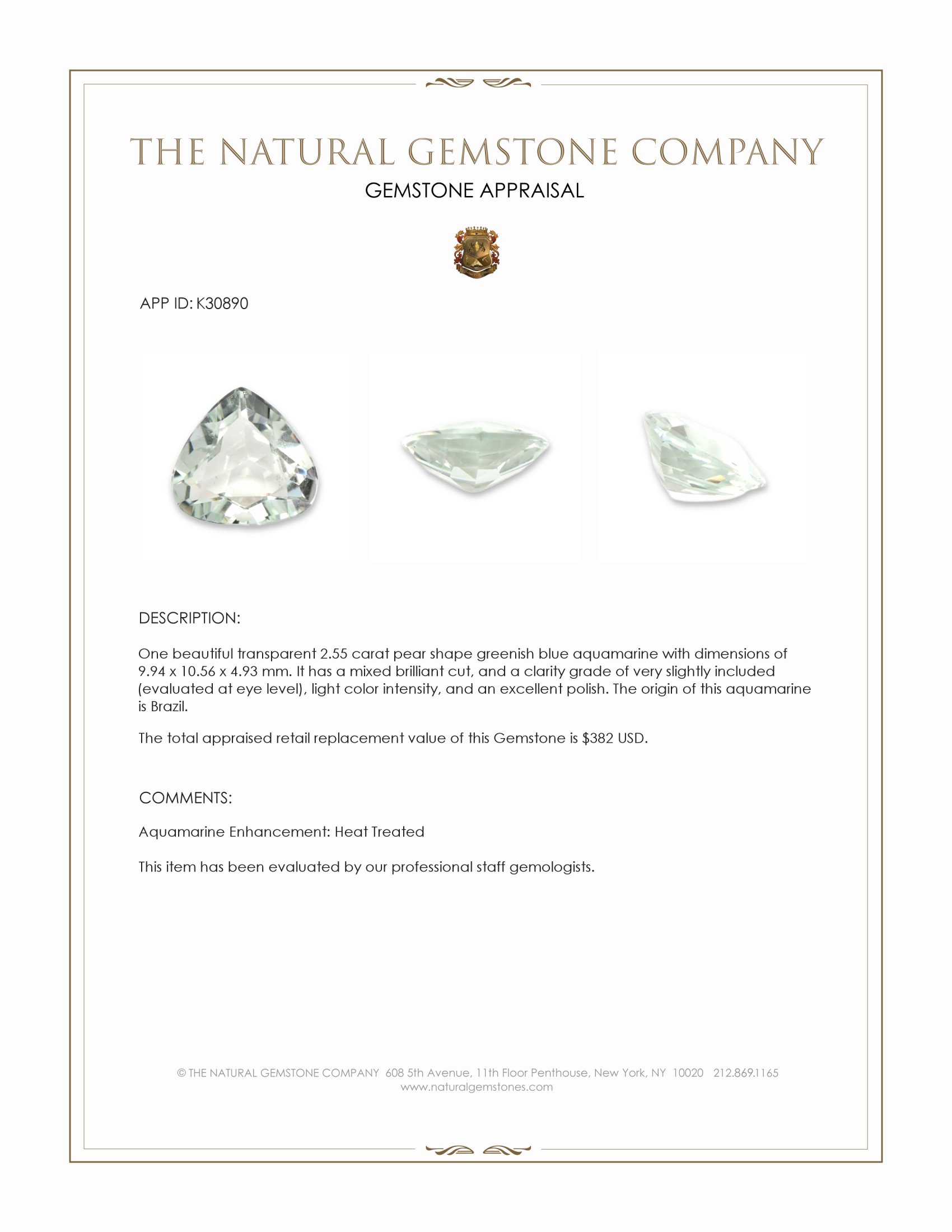 2.55 Ct. Greenish Blue Aquamarine from Brazil