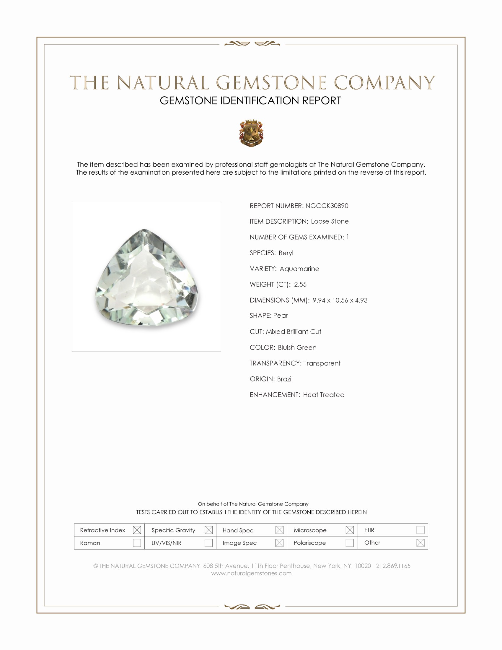 2.55 Ct. Bluish Green Aquamarine from Brazil