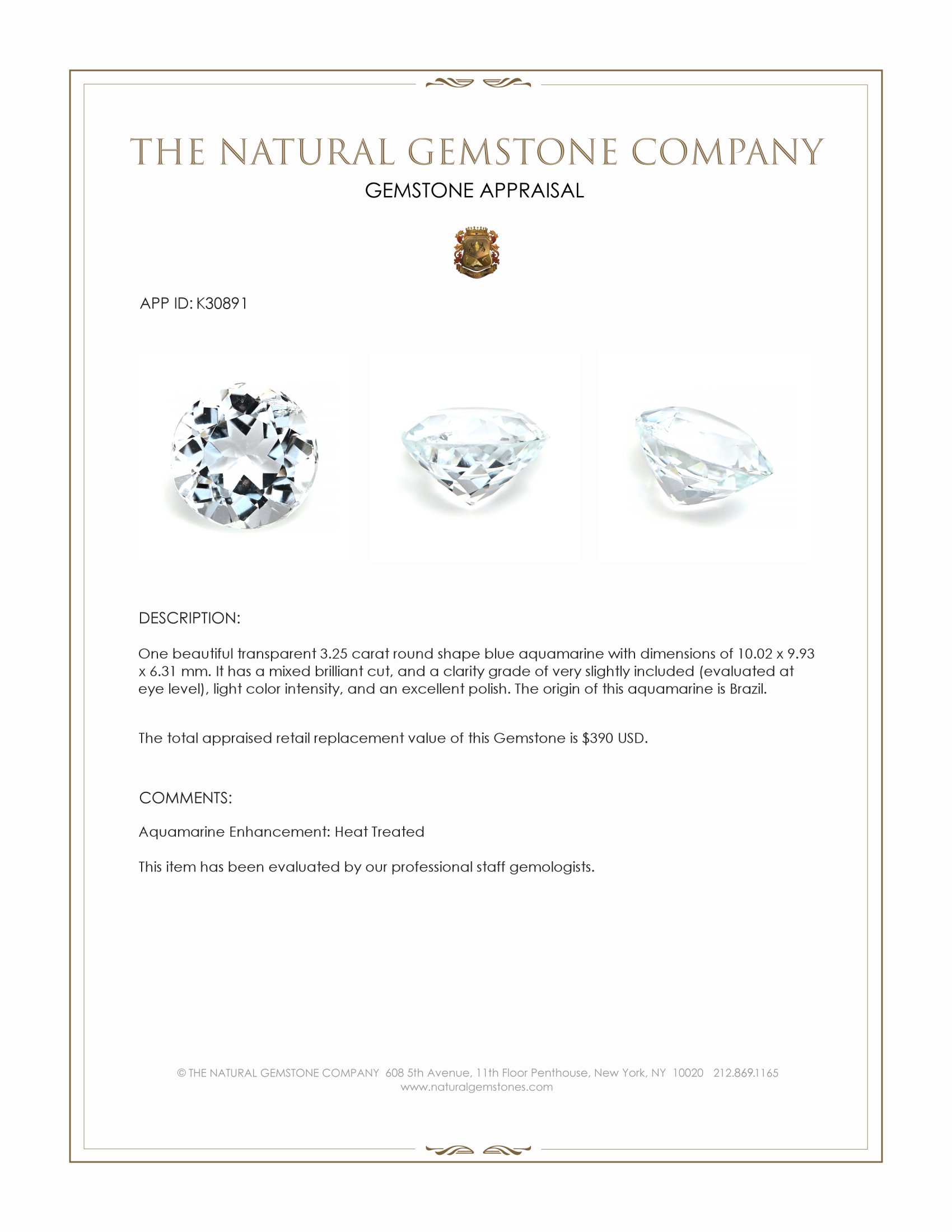 3.25 Ct. Blue Aquamarine from Brazil