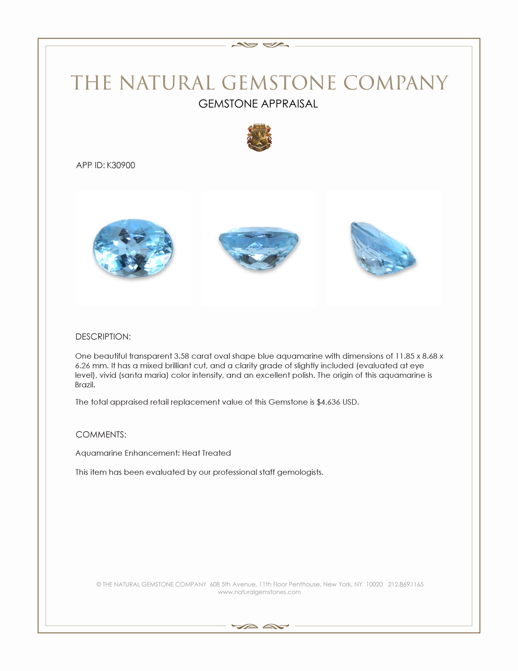 3.58 Ct. Blue Aquamarine from Brazil