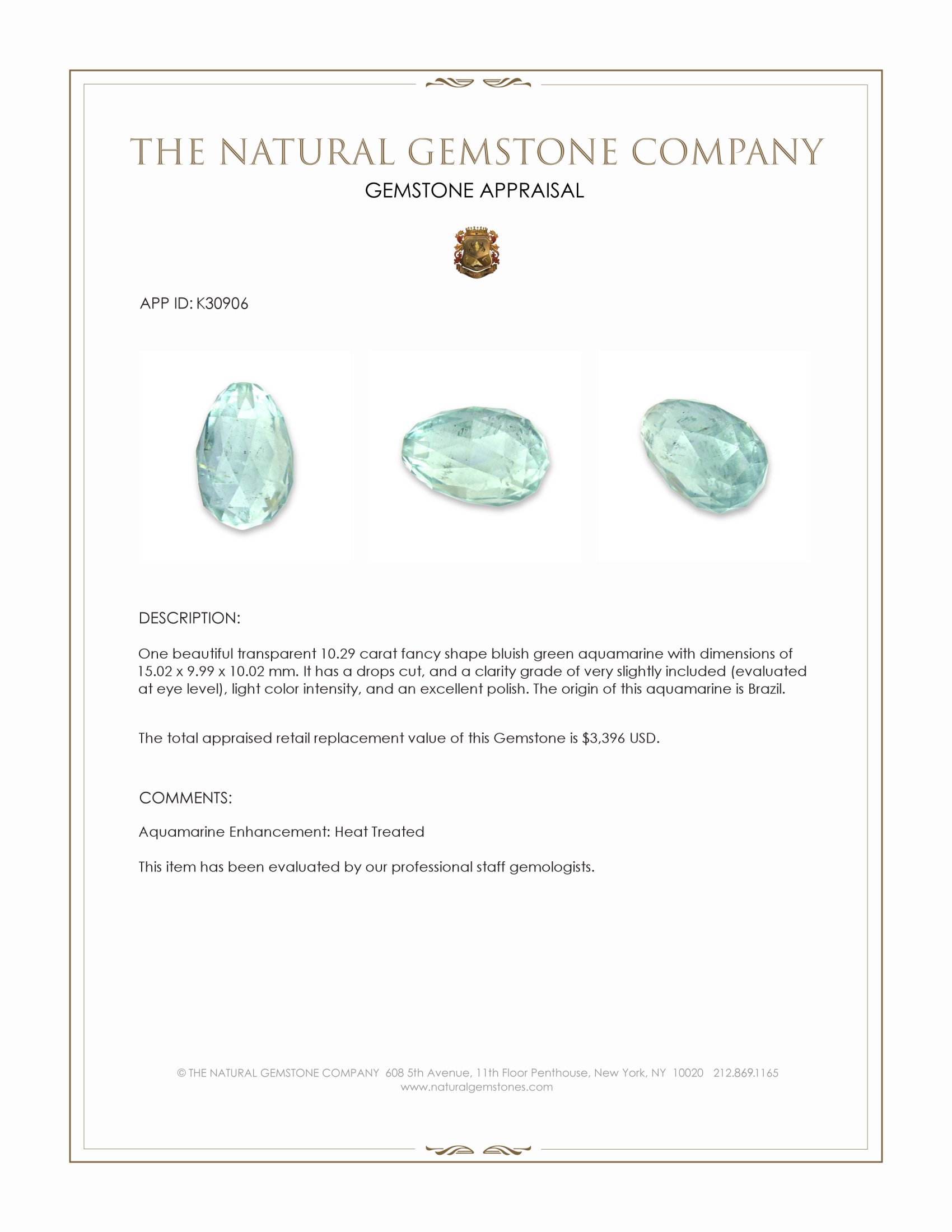 10.29 Ct. Bluish Green Aquamarine from Brazil