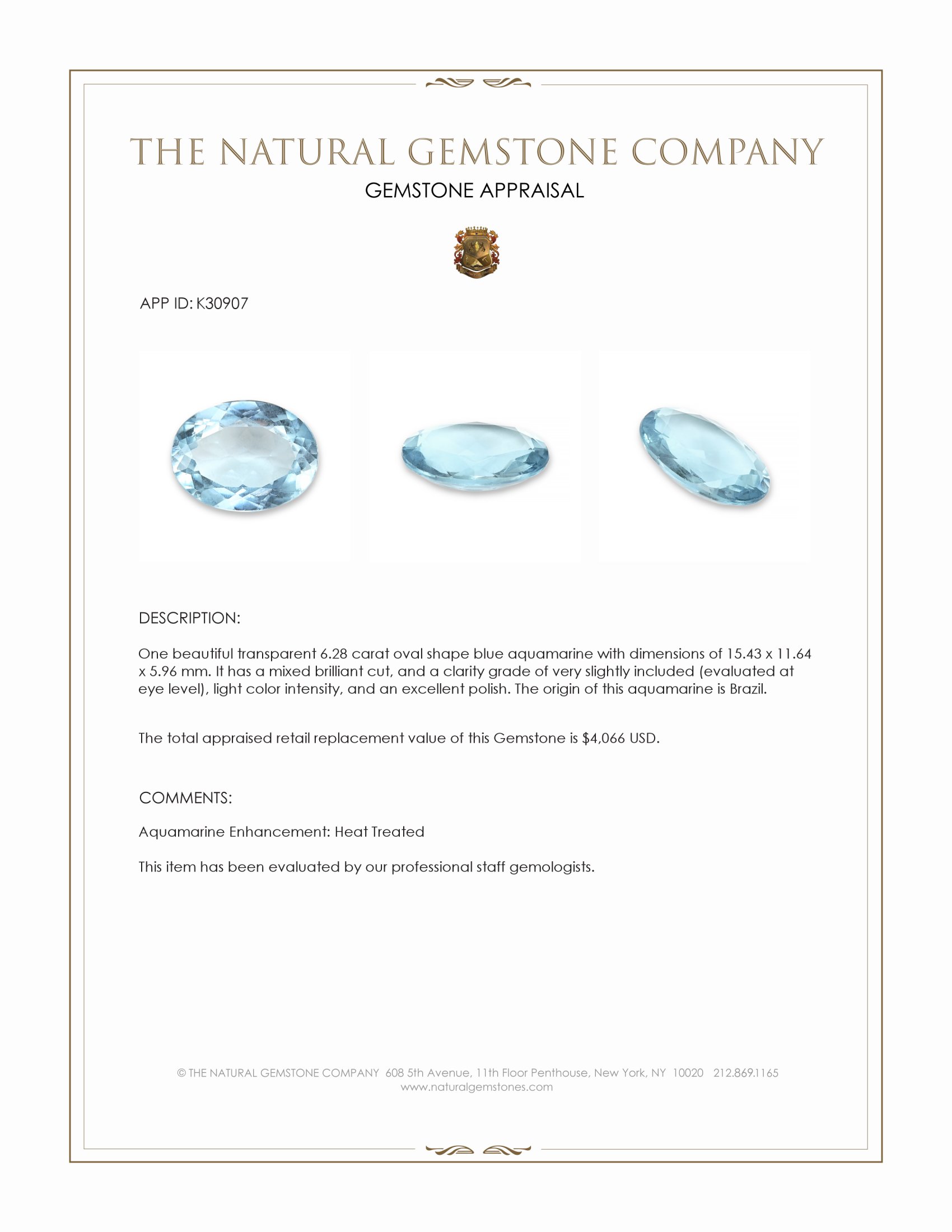 6.28 Ct. Blue Aquamarine from Brazil