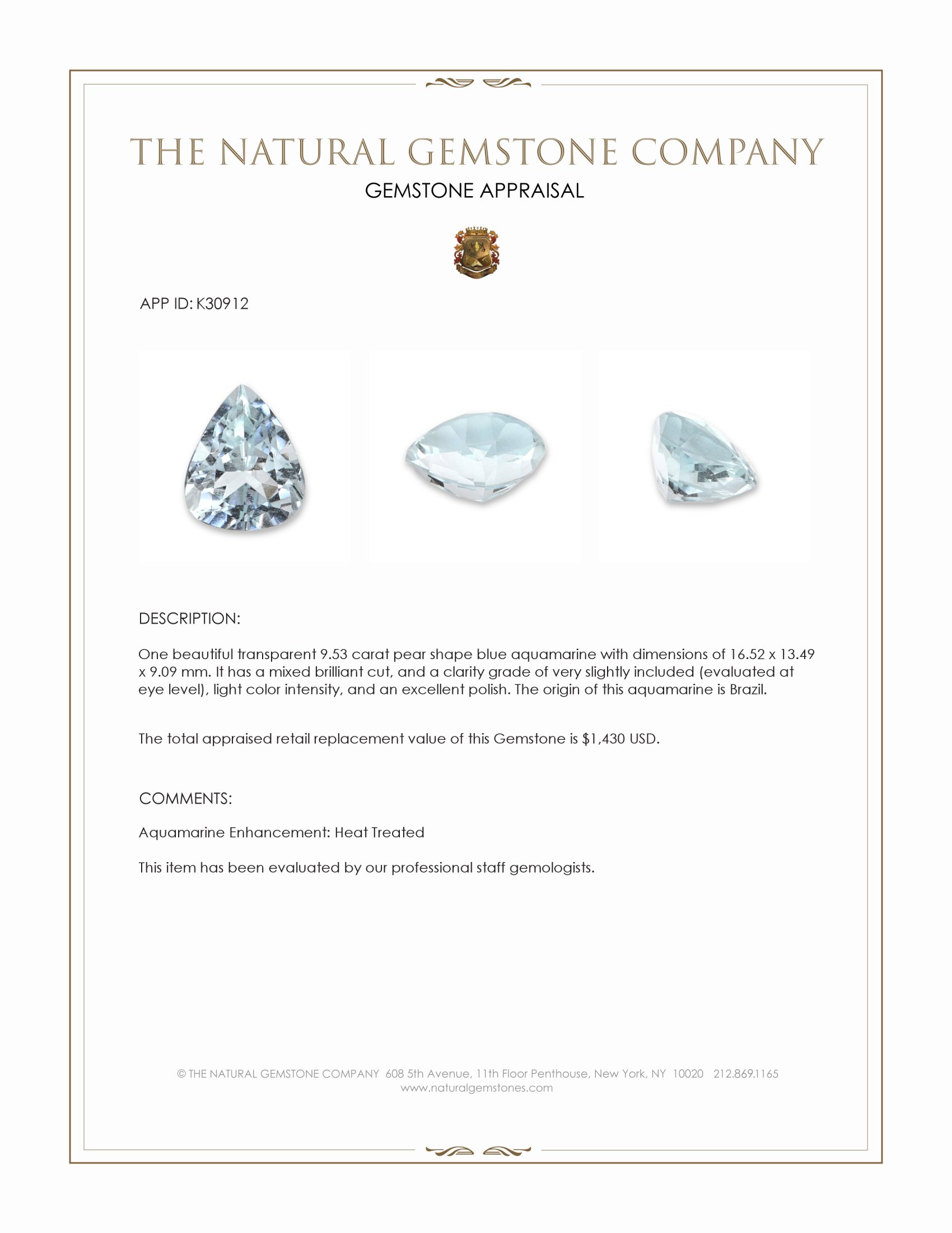 9.53 Ct. Blue Aquamarine from Brazil