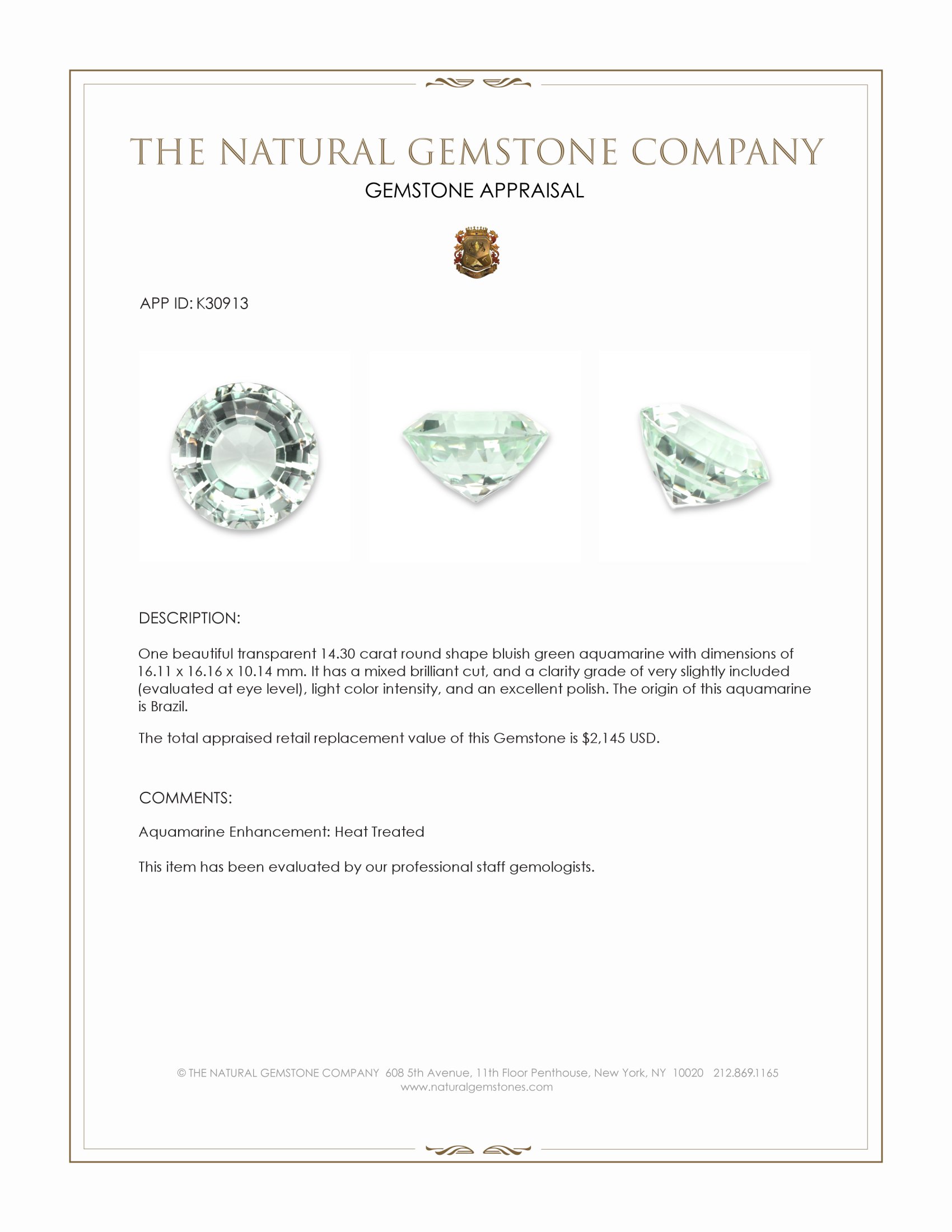 14.30 Ct. Bluish Green Aquamarine from Brazil