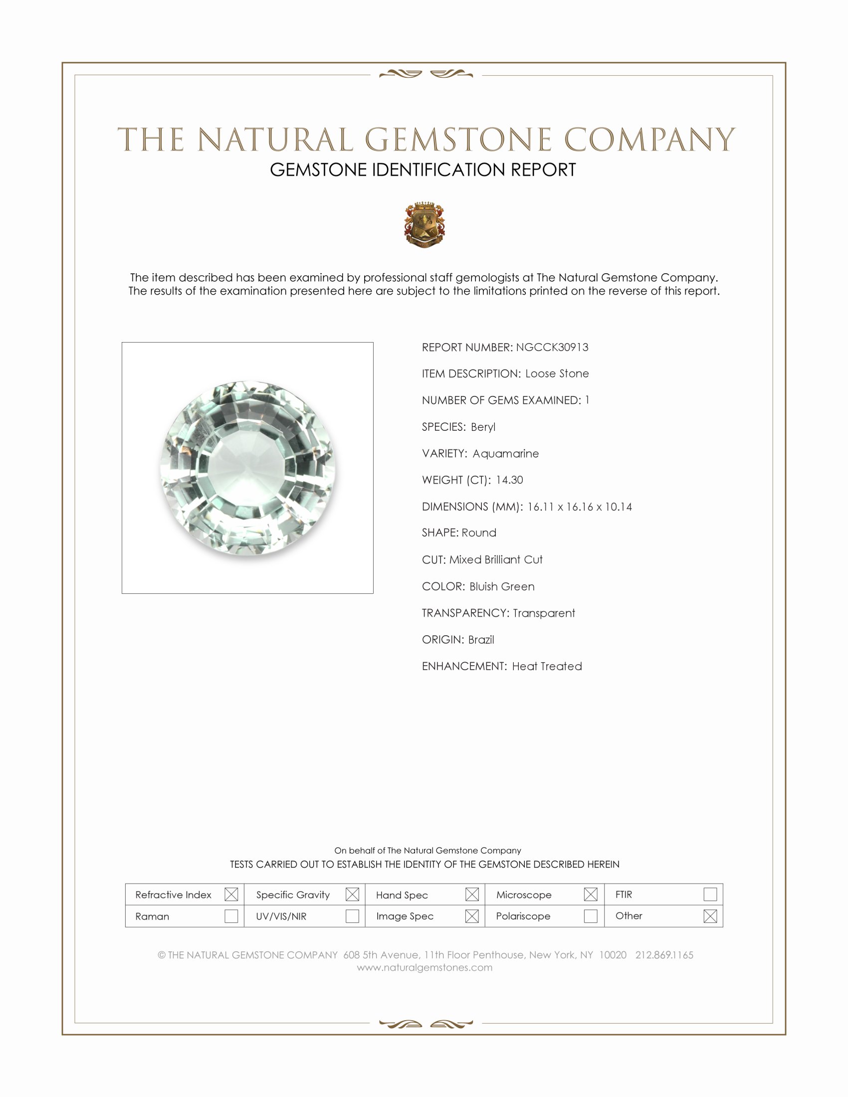 14.30 Ct. Bluish Green Aquamarine from Brazil