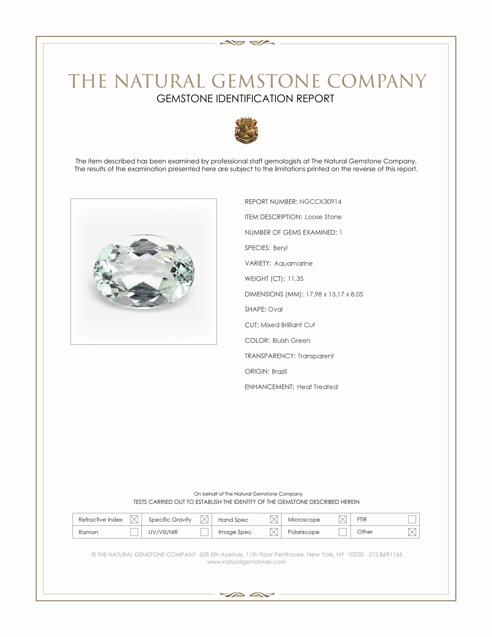 11.35 Ct. Bluish Green Aquamarine from Brazil