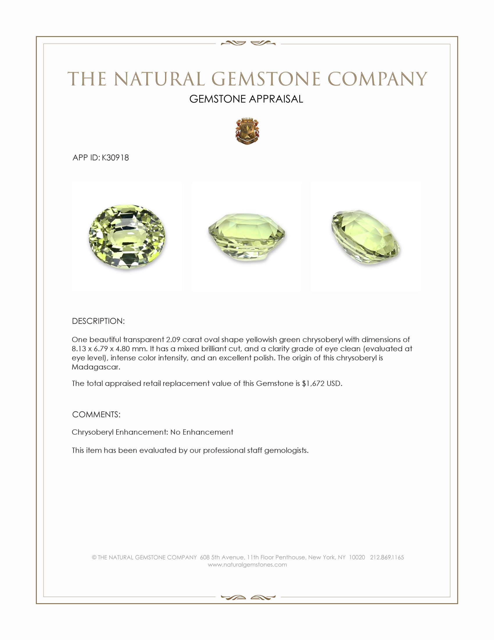2.09 Ct. Yellowish Green Chrysoberyl from Madagascar