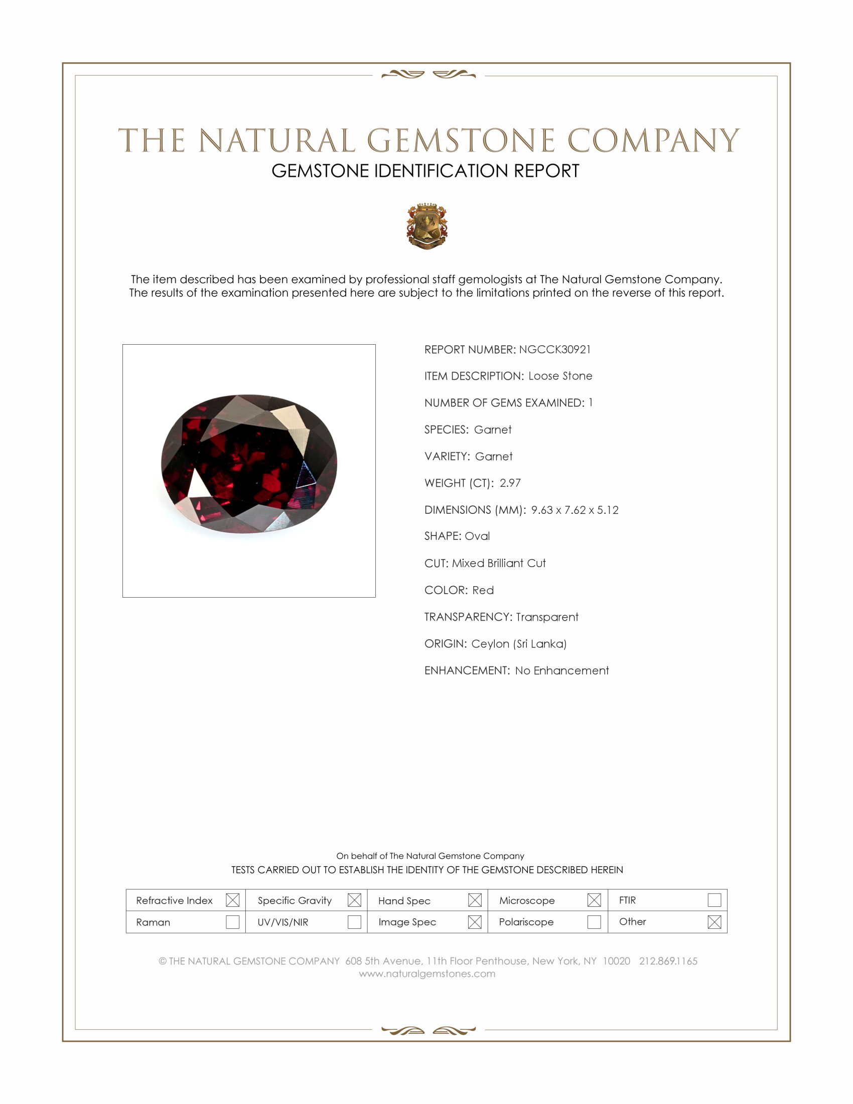 2.97 Ct. Red Garnet from Ceylon (Sri Lanka)