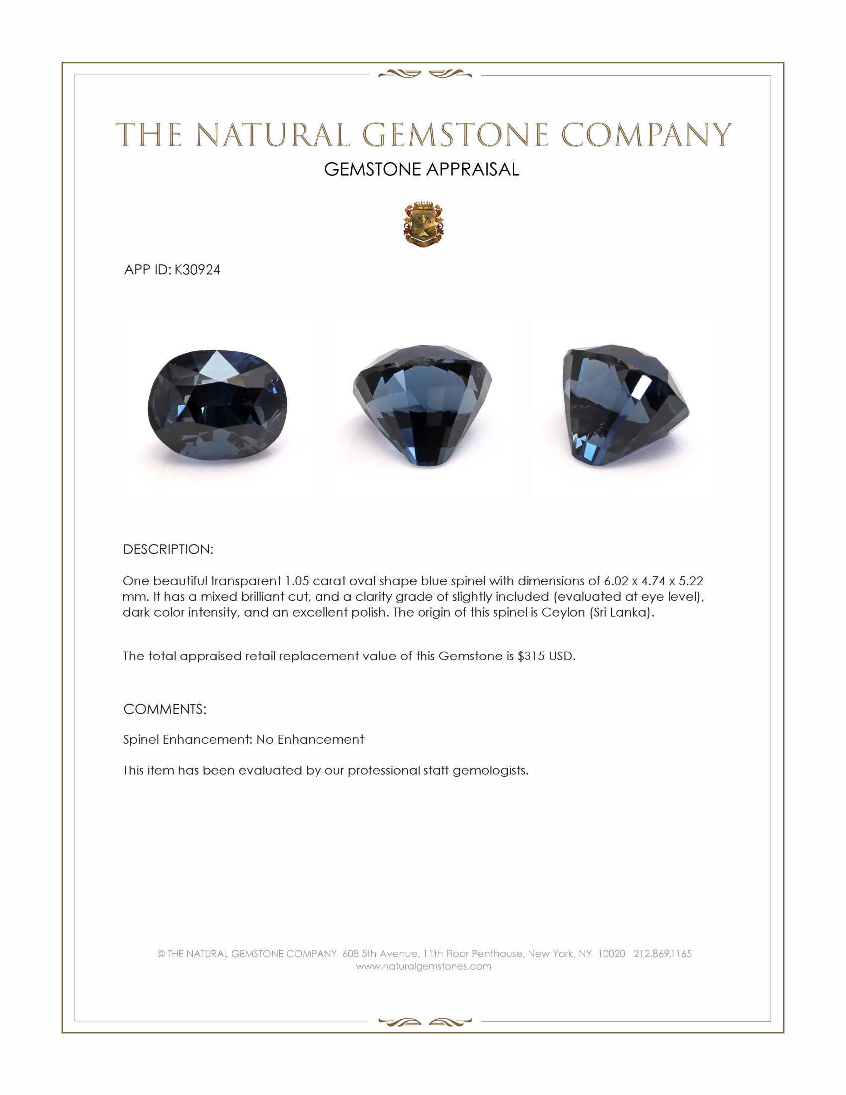 1.05 Ct. Blue Spinel from Ceylon (Sri Lanka)