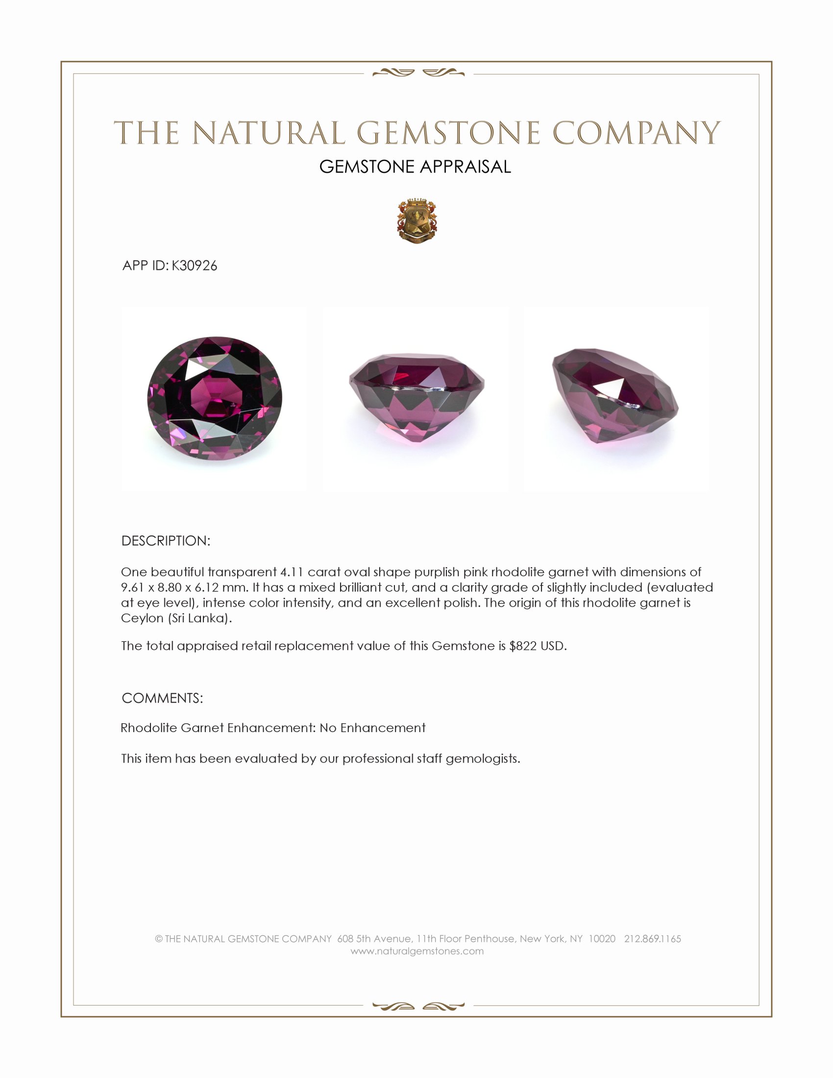 4.11 Ct. Purplish Pink Rhodolite Garnet from Ceylon (Sri Lanka)