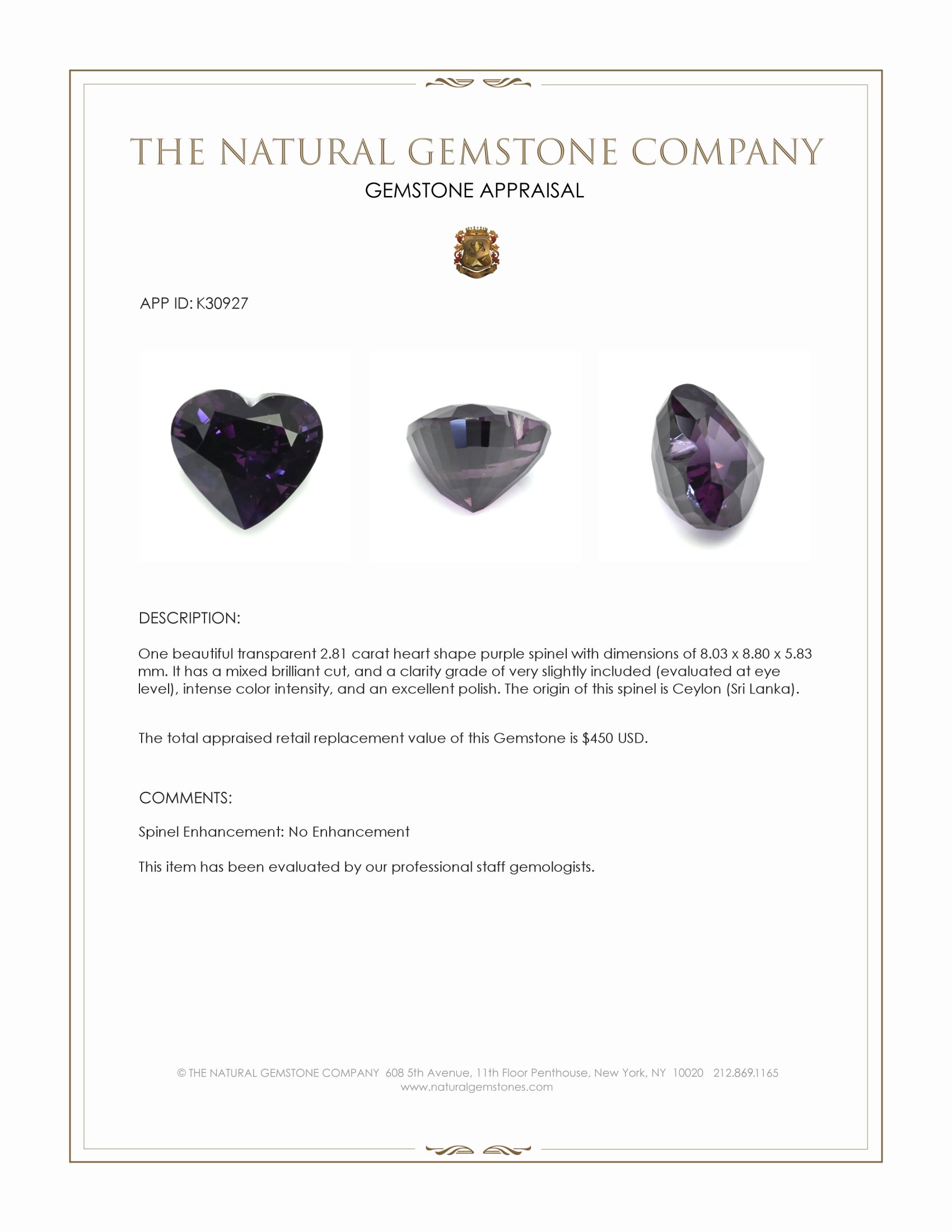 2.81 Ct. Purple Spinel from Ceylon (Sri Lanka)