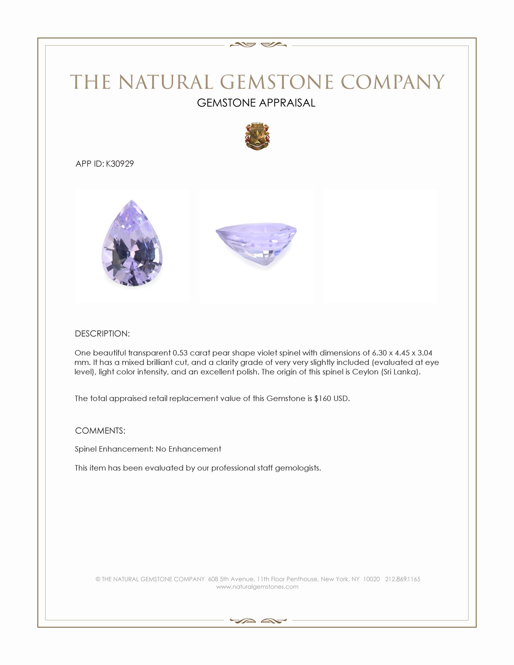 0.53 Ct. Violet Spinel from Ceylon (Sri Lanka)