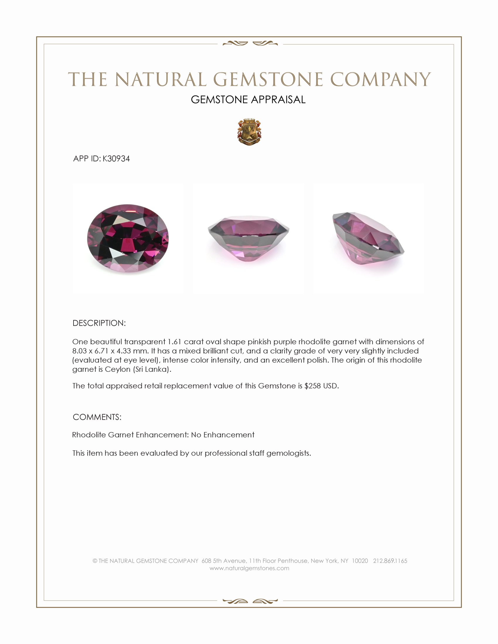 1.61 Ct. Pinkish Purple Rhodolite Garnet from Ceylon (Sri Lanka)