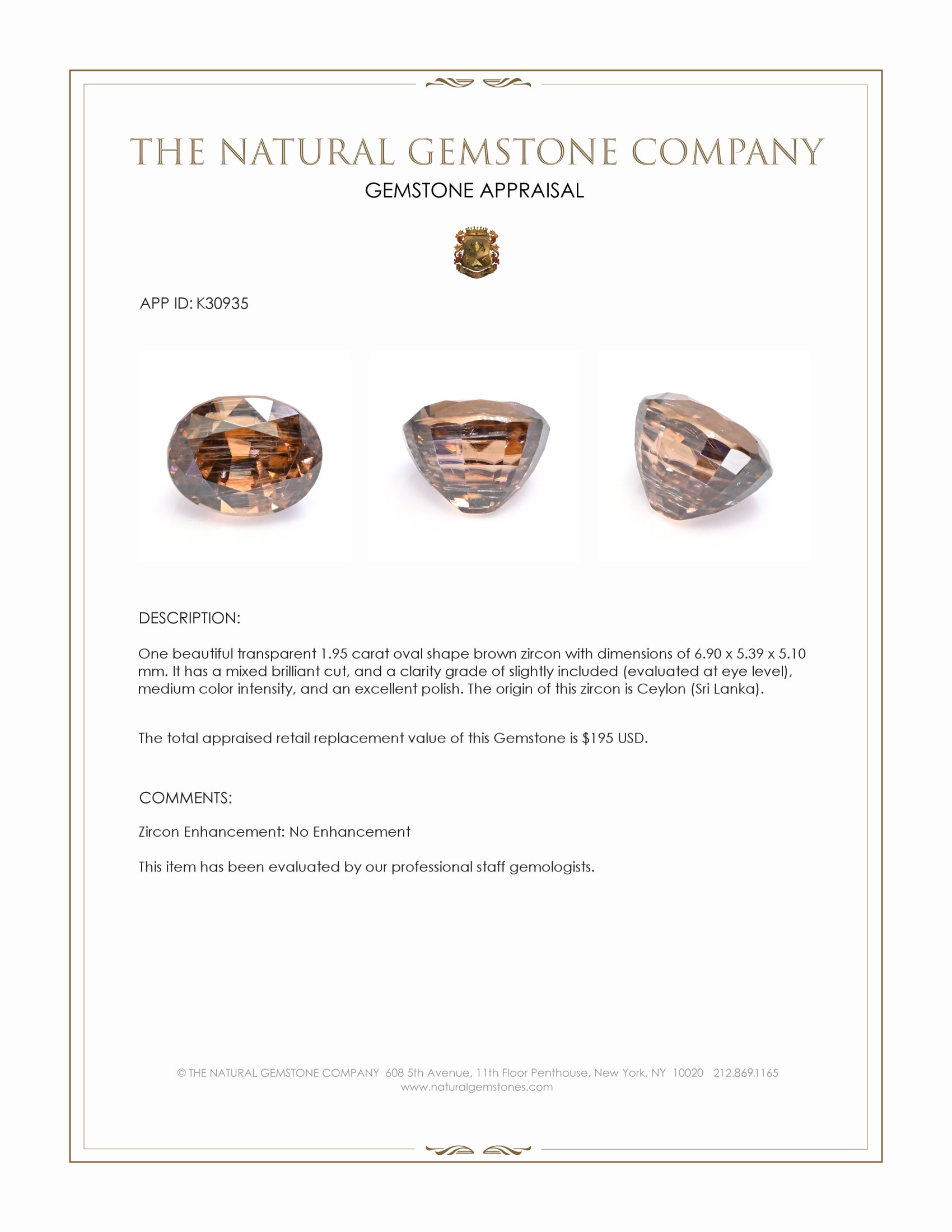 1.95 Ct. Brown Zircon from Ceylon (Sri Lanka)