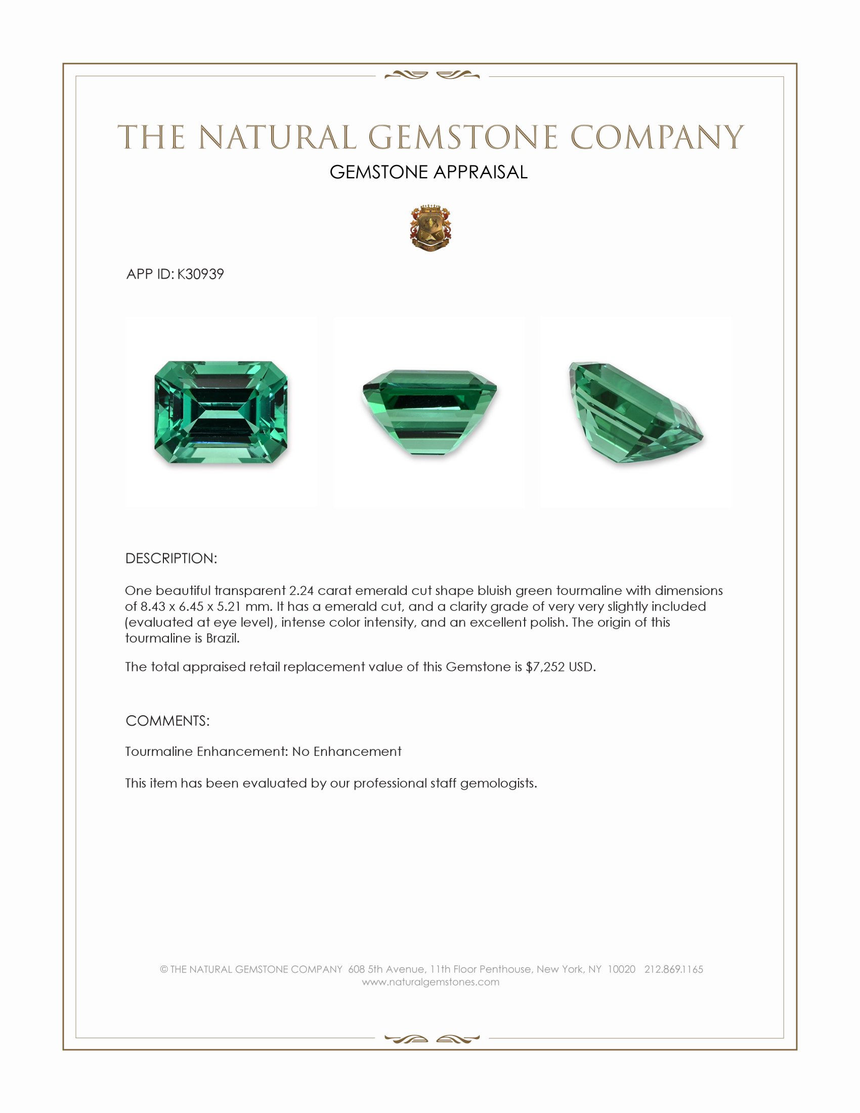 2.24 Ct. Bluish Green Tourmaline from Brazil