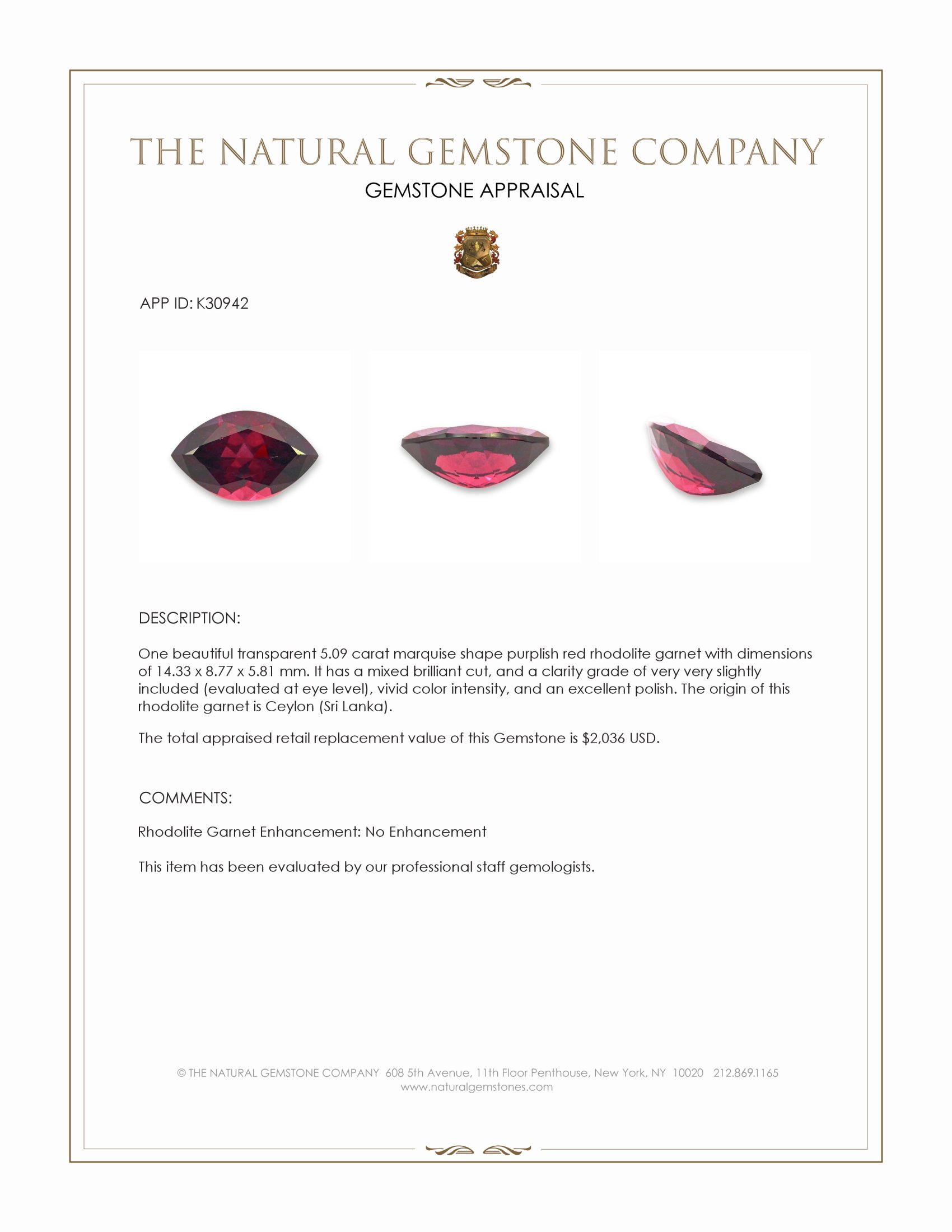 5.09 Ct. Purplish Red Rhodolite Garnet from Ceylon (Sri Lanka)